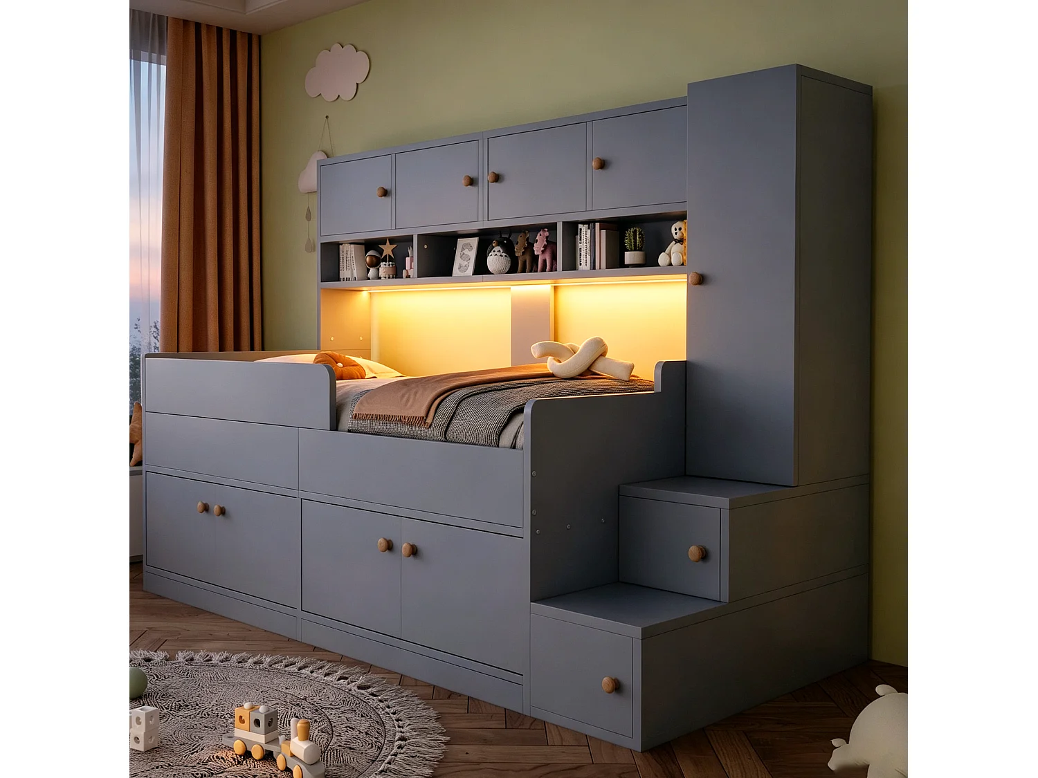 Lit enfant en bois 90 x 200 cm - avec espace de rangement - avec éclairage LED - avec barrières de sécurité - gris (matelas non inclus)