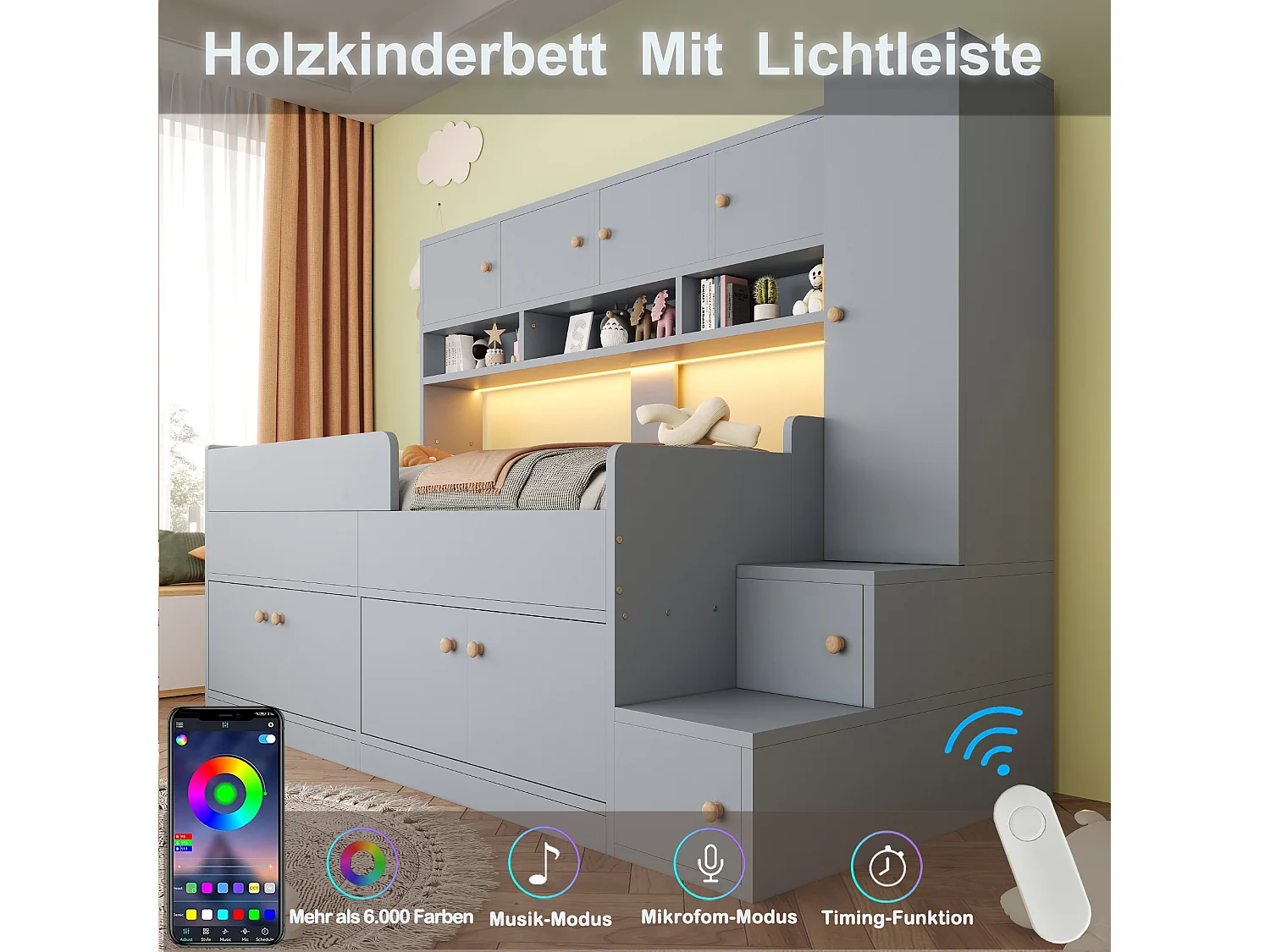 Lit enfant en bois 90 x 200 cm - avec espace de rangement - avec éclairage LED - avec barrières de sécurité - gris (matelas non inclus)