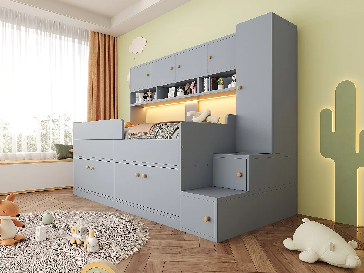 Lit enfant en bois 90 x 200 cm - avec espace de rangement - avec éclairage LED - avec barrières de sécurité - gris (matelas non inclus)