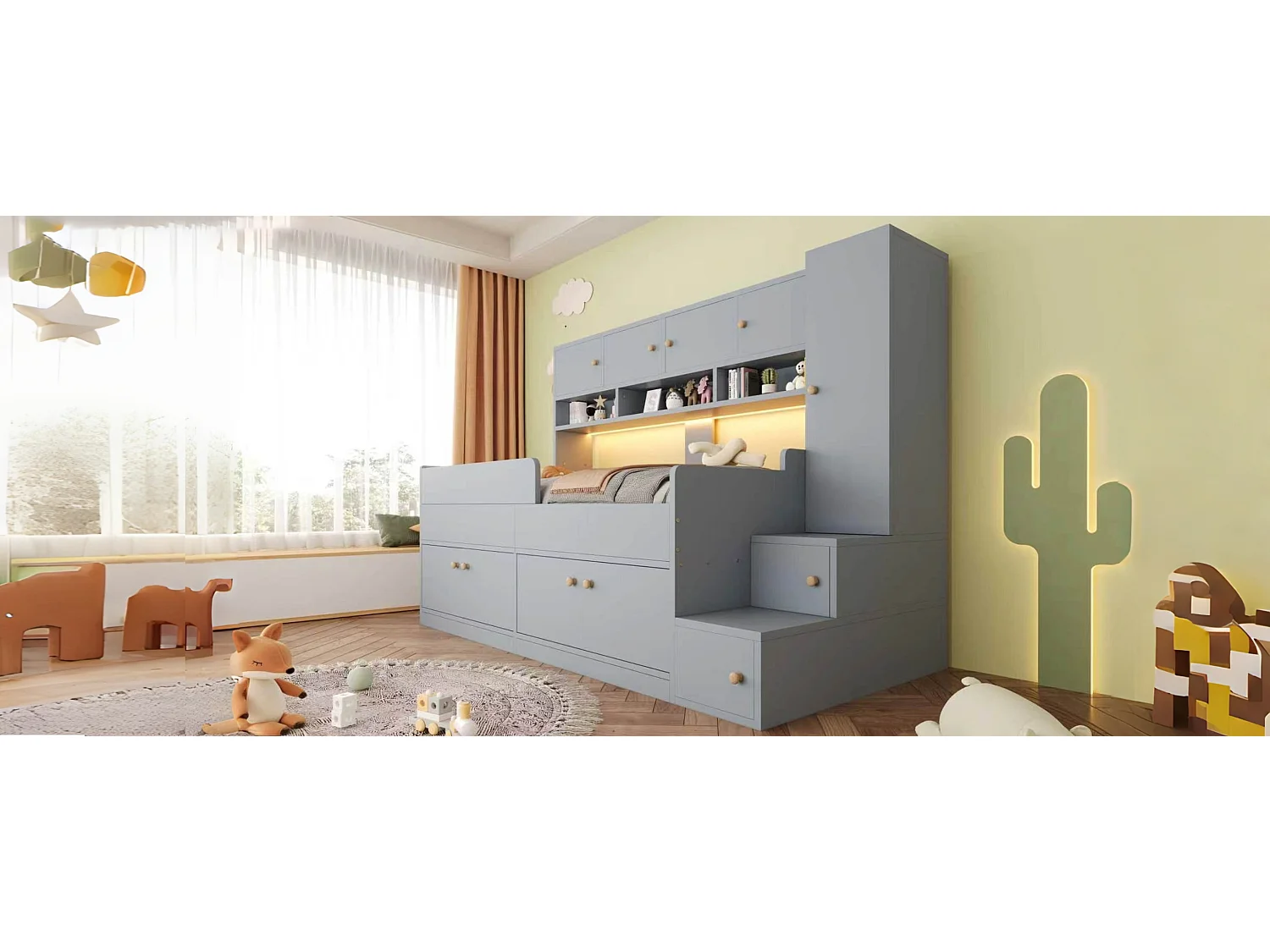 Lit enfant en bois 90 x 200 cm - avec espace de rangement - avec éclairage LED - avec barrières de sécurité - gris (matelas non inclus)