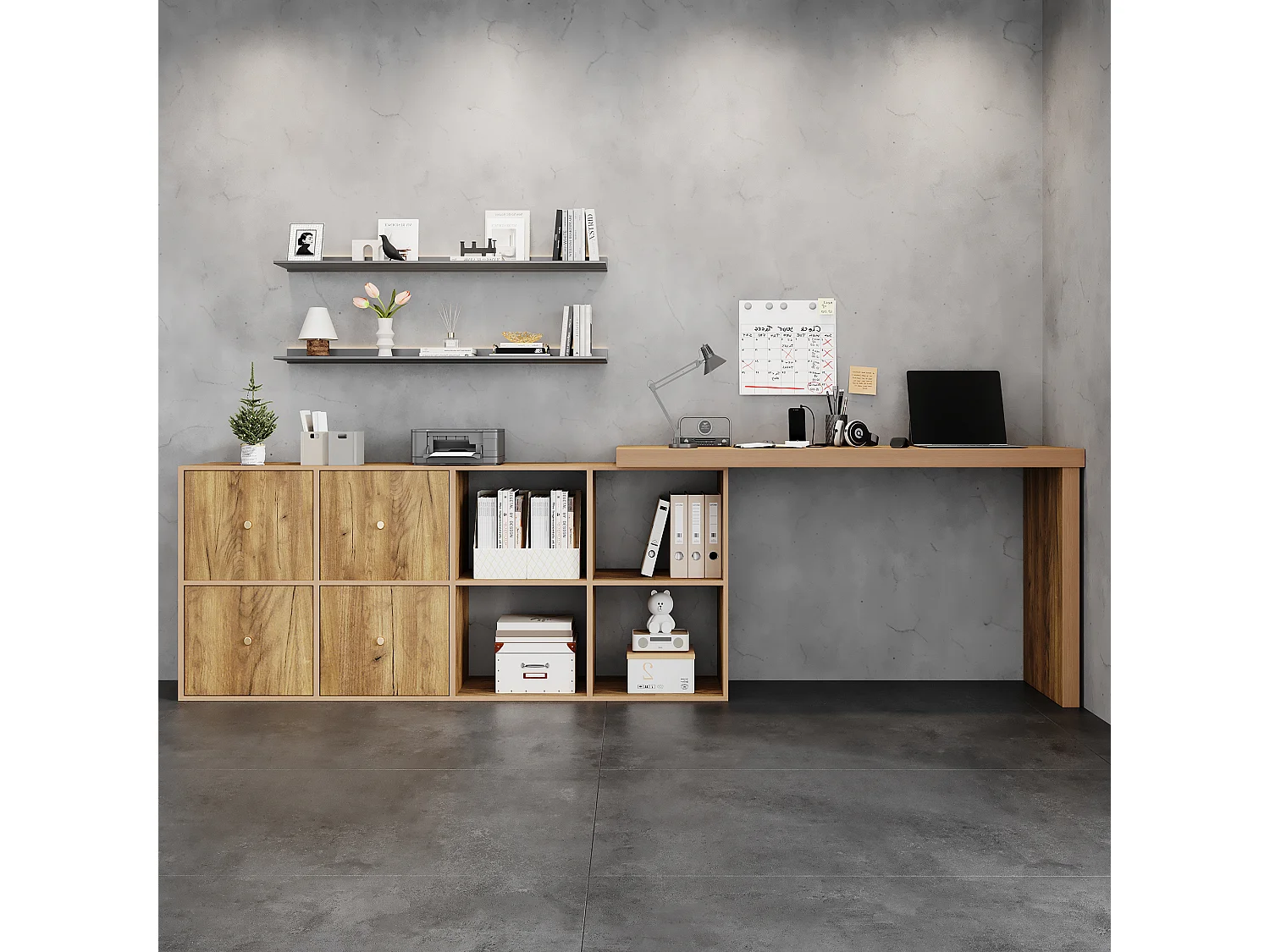 Bureau d'angle pivotant - Plateau pivotant à 360 degrés - 4 compartiments et 4 tiroirs - Configuration en L ou droite - Naturel