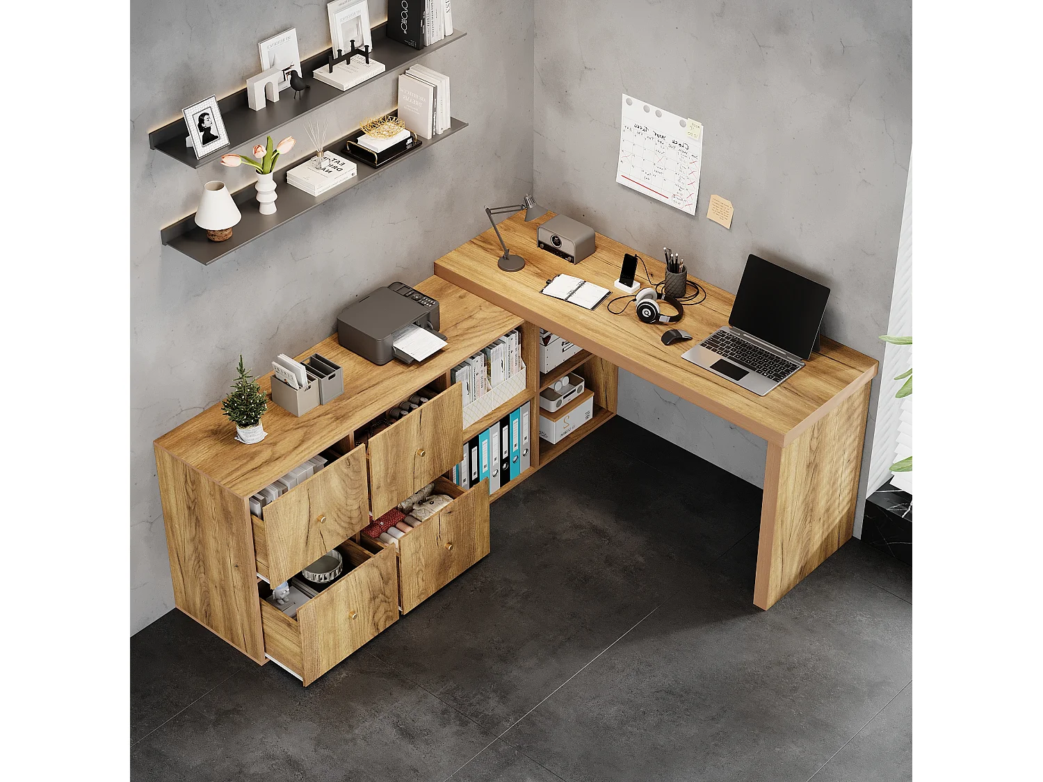 Bureau d'angle pivotant - Plateau pivotant à 360 degrés - 4 compartiments et 4 tiroirs - Configuration en L ou droite - Naturel