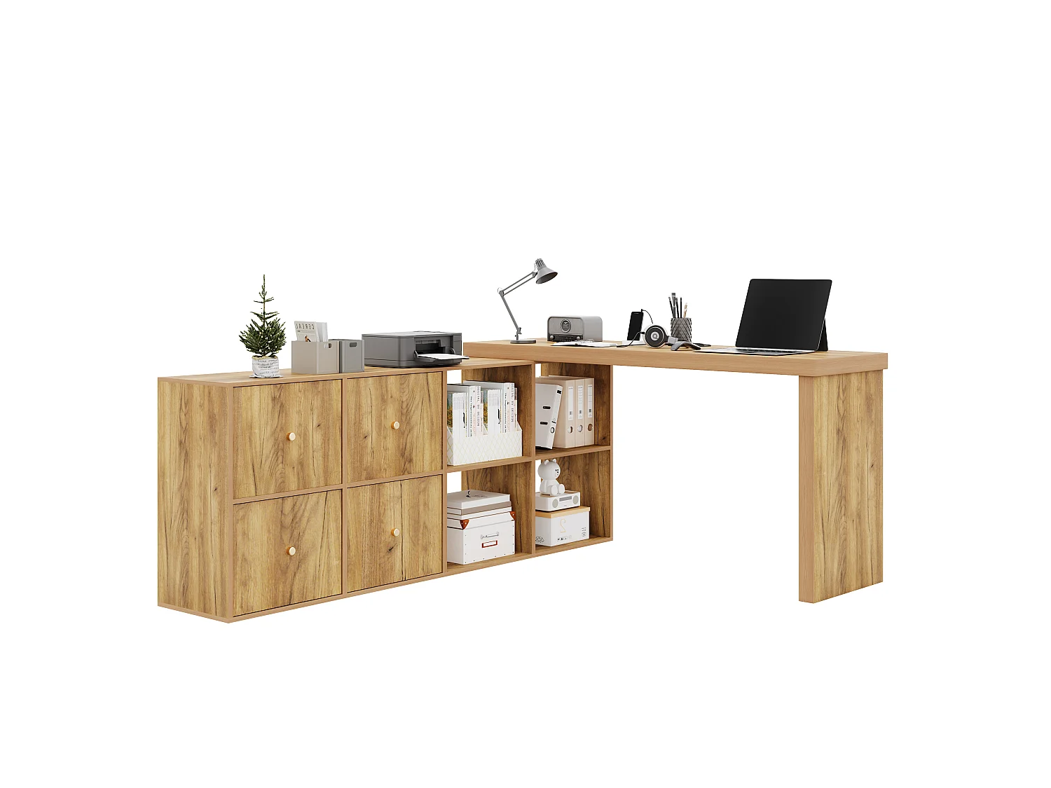 Bureau d'angle pivotant - Plateau pivotant à 360 degrés - 4 compartiments et 4 tiroirs - Configuration en L ou droite - Naturel