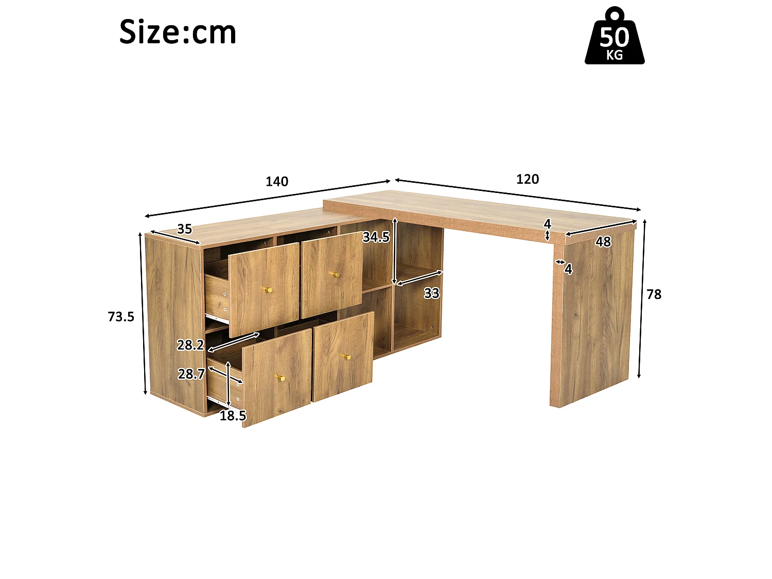Bureau d'angle pivotant - Plateau pivotant à 360 degrés - 4 compartiments et 4 tiroirs - Configuration en L ou droite - Naturel