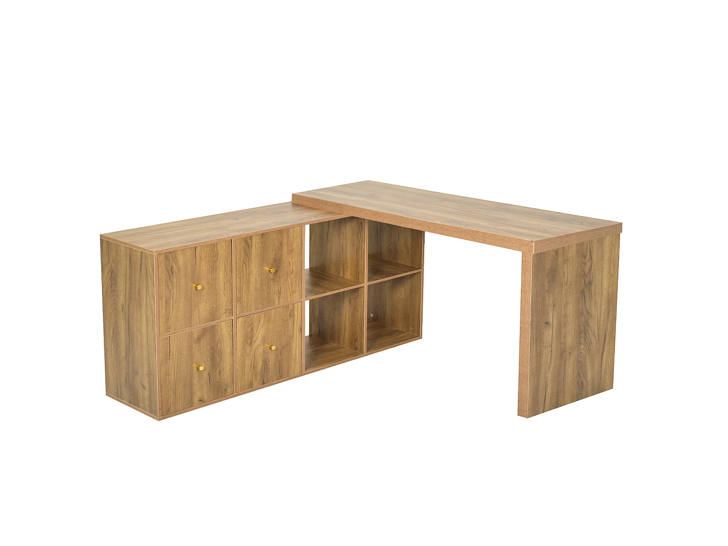 Bureau d'angle pivotant - Plateau pivotant à 360 degrés - 4 compartiments et 4 tiroirs - Configuration en L ou droite - Naturel