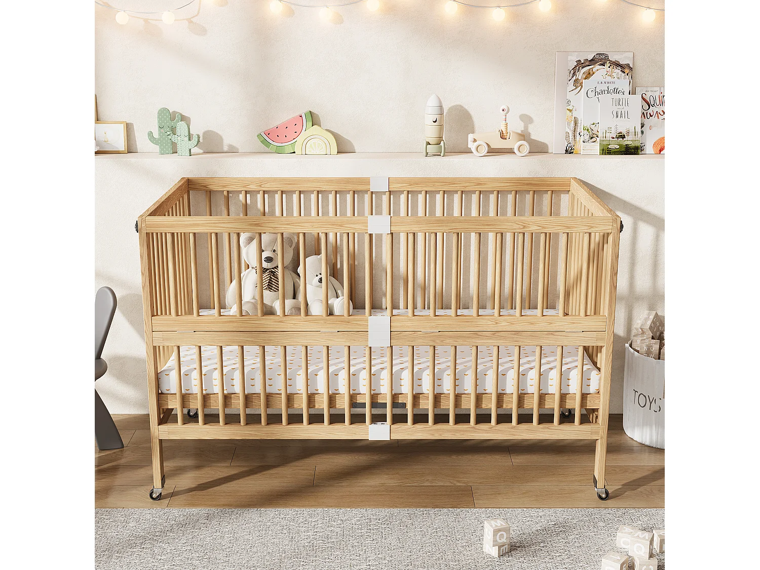 Lit bébé évolutif en bois massif 140x70cm - Lit à barreaudage multifonction avec roulettes, 4 niveaux - Naturel