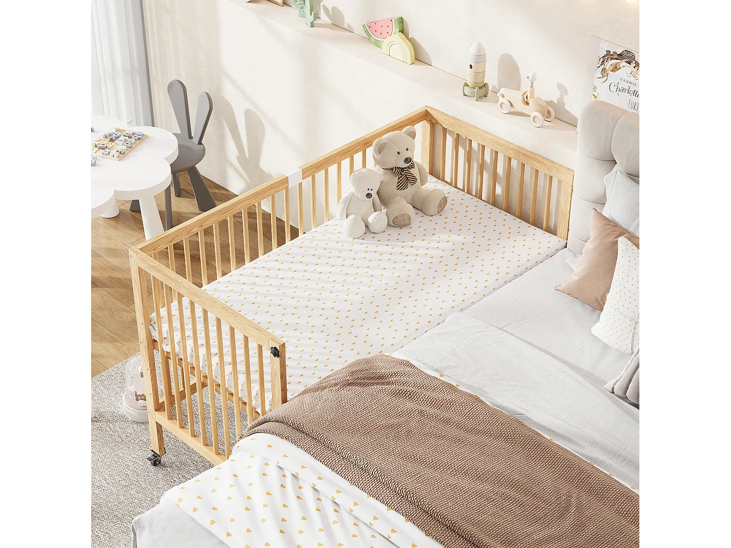 Lit bébé évolutif en bois massif 140x70cm - Lit à barreaudage multifonction avec roulettes, 4 niveaux - Naturel