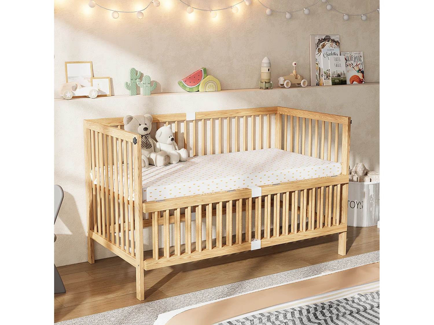 Lit bébé évolutif en bois massif 140x70cm - Lit à barreaudage multifonction avec roulettes, 4 niveaux - Naturel