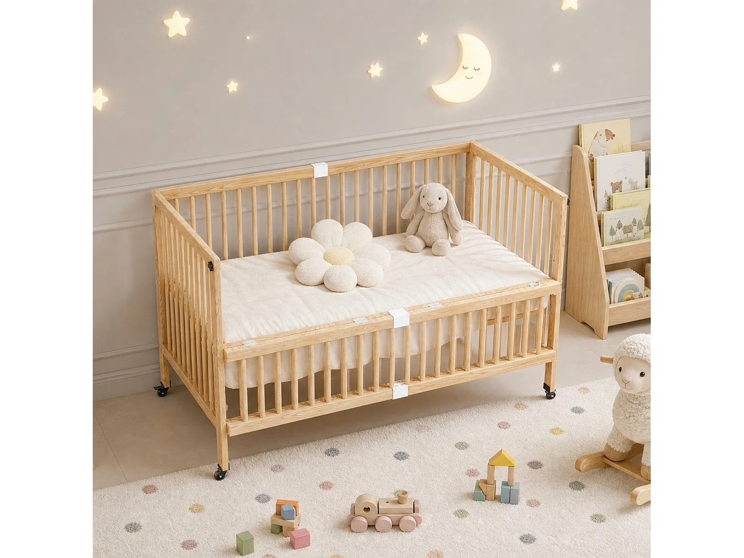 Lit bébé évolutif en bois massif 140x70cm - Lit à barreaudage multifonction avec roulettes, 4 niveaux - Naturel