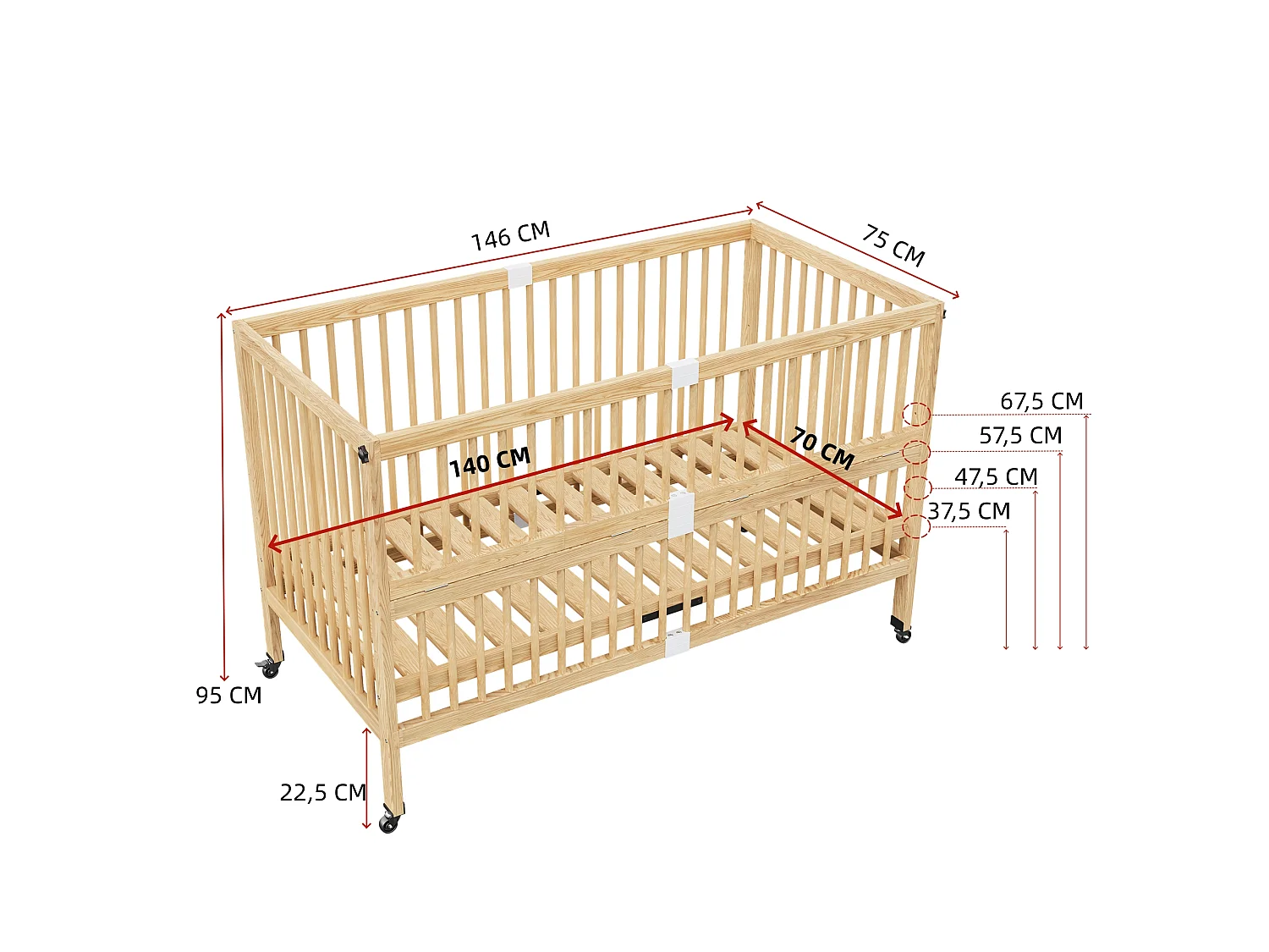 Lit bébé évolutif en bois massif 140x70cm - Lit à barreaudage multifonction avec roulettes, 4 niveaux - Naturel