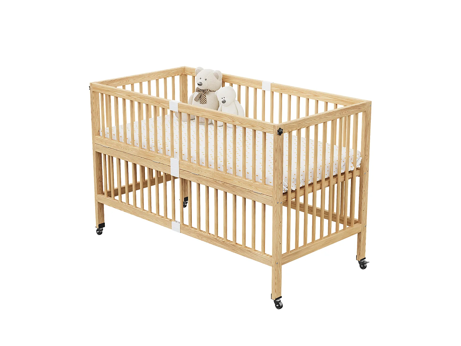 Lit bébé évolutif en bois massif 140x70cm - Lit à barreaudage multifonction avec roulettes, 4 niveaux - Naturel