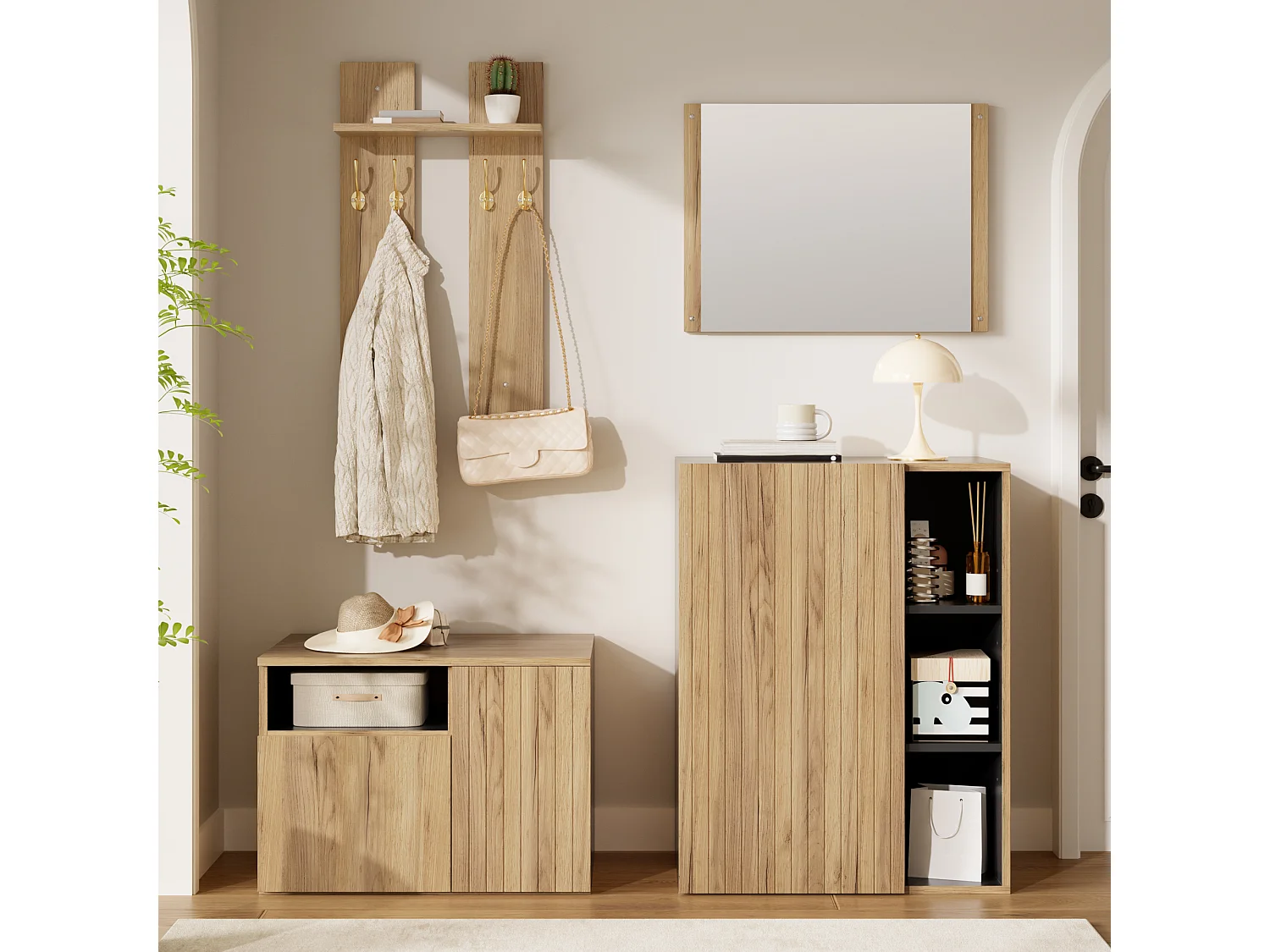 Conjunto de vestidor de entrada 120x35x123cm - con espejo y mueble para zapatos - banco para zapatos y gancho - Natural + Negro