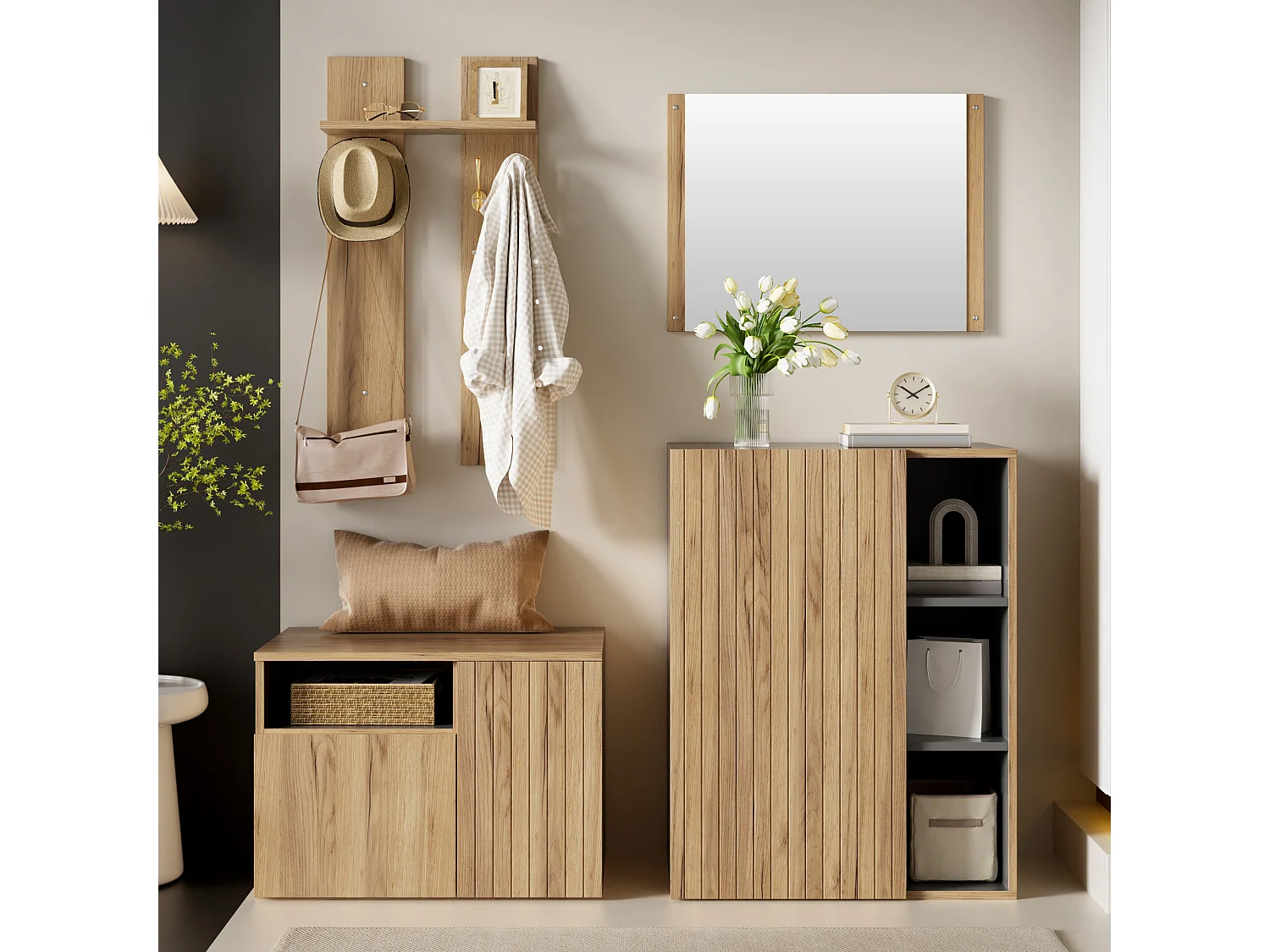 Conjunto de vestidor de entrada 120x35x123cm - con espejo y mueble para zapatos - banco para zapatos y gancho - Natural + Negro