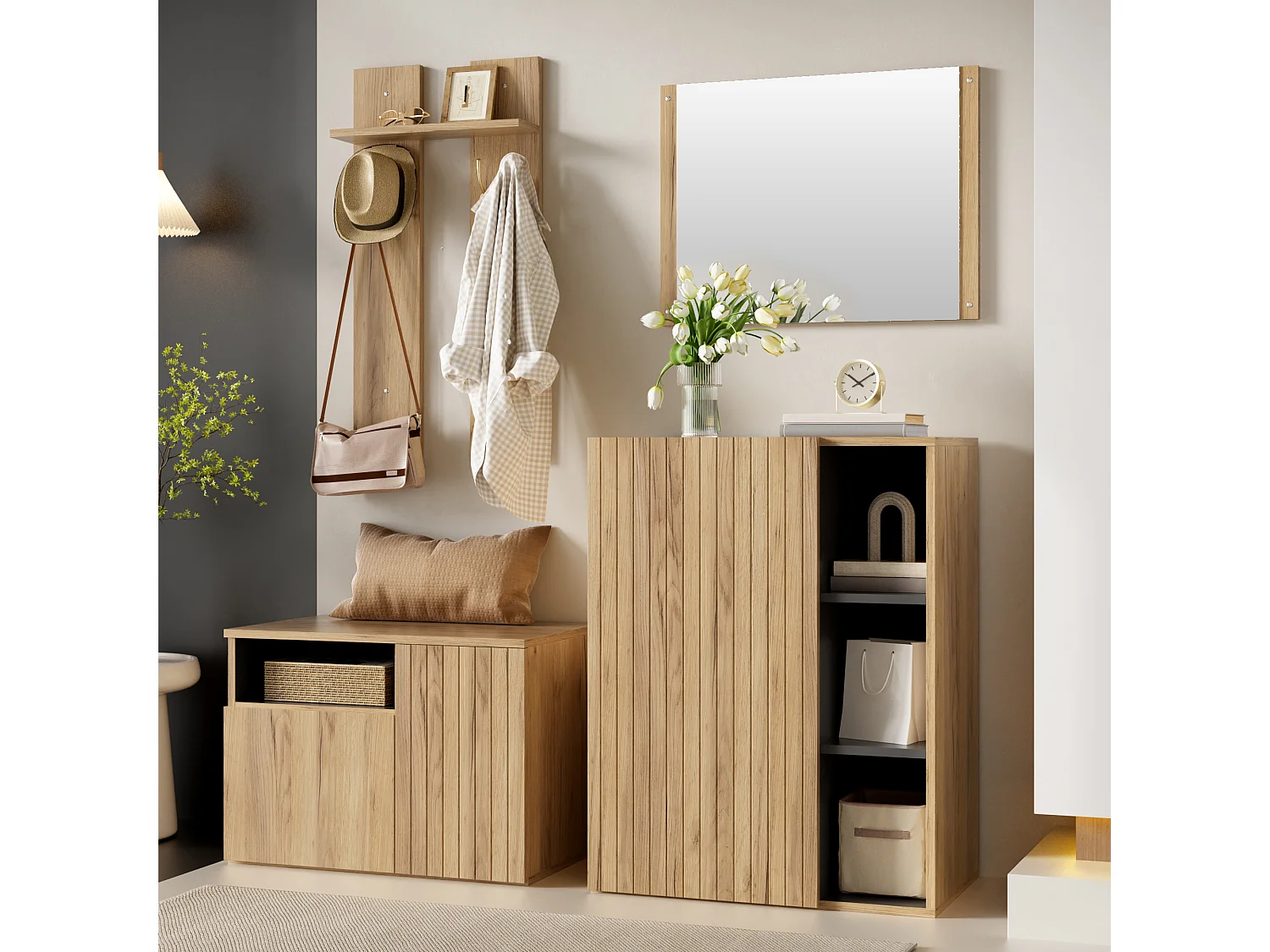 Conjunto de vestidor de entrada 120x35x123cm - con espejo y mueble para zapatos - banco para zapatos y gancho - Natural + Negro