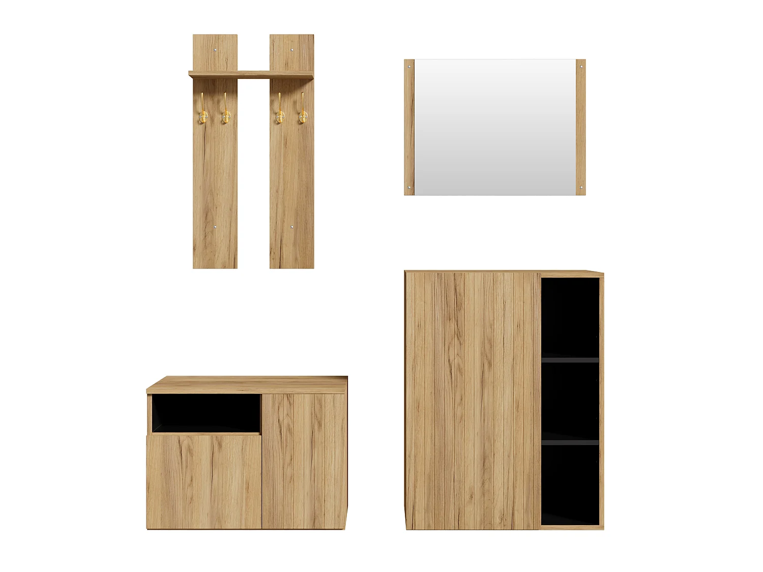 Conjunto de vestidor de entrada 120x35x123cm - con espejo y mueble para zapatos - banco para zapatos y gancho - Natural + Negro