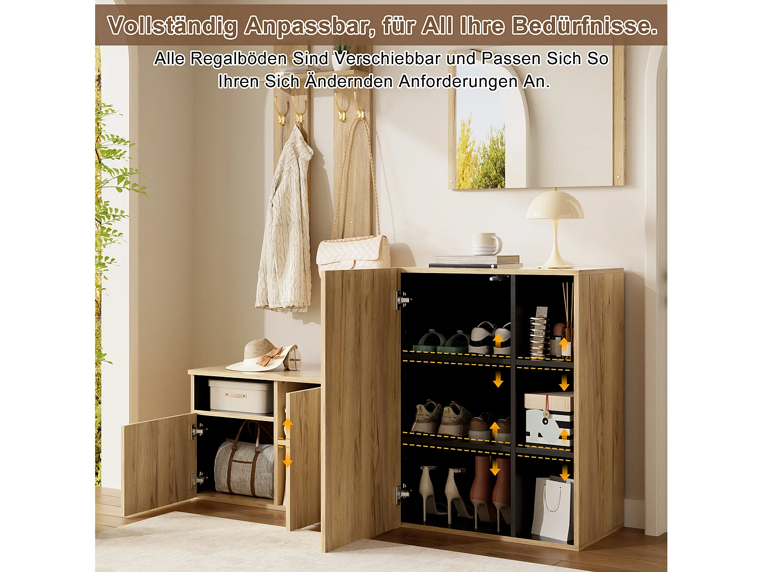 Conjunto de vestidor de entrada 120x35x123cm - con espejo y mueble para zapatos - banco para zapatos y gancho - Natural + Negro