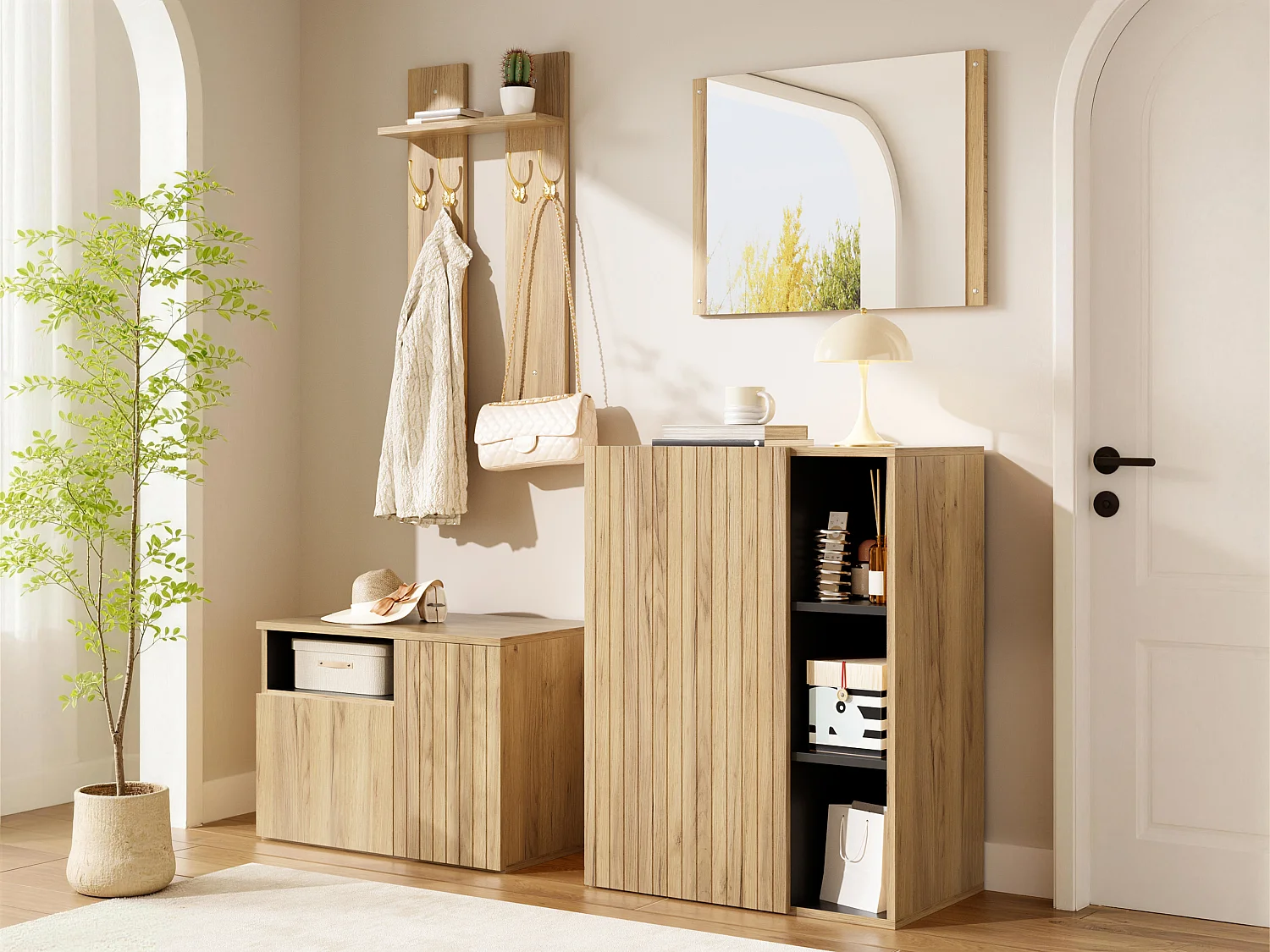 Conjunto de vestidor de entrada 120x35x123cm - con espejo y mueble para zapatos - banco para zapatos y gancho - Natural + Negro