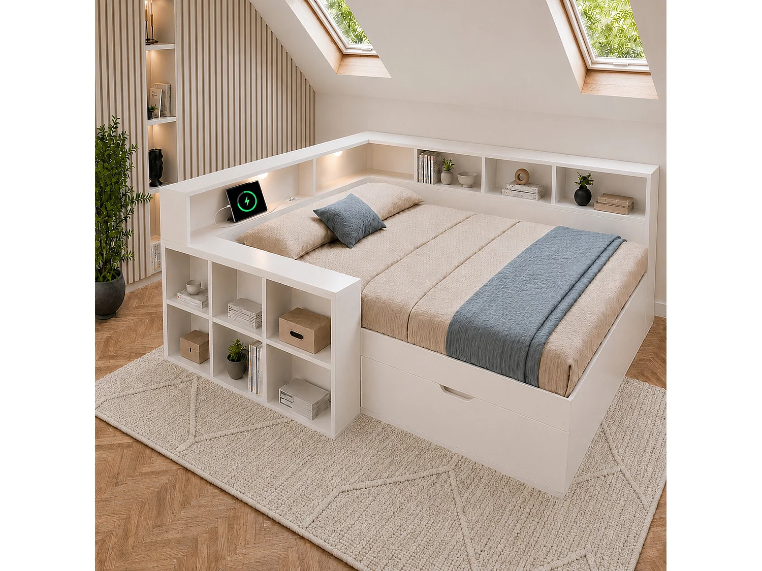 Canapé-lit 140x190cm - avec USB/Type-C - avec espace de rangement et lampe de lecture - avec tiroir et étagères ouvertes - blanc (matelas non inclus)