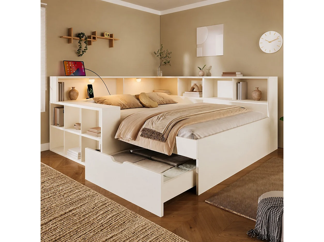 Canapé-lit 140x190cm - avec USB/Type-C - avec espace de rangement et lampe de lecture - avec tiroir et étagères ouvertes - blanc (matelas non inclus)