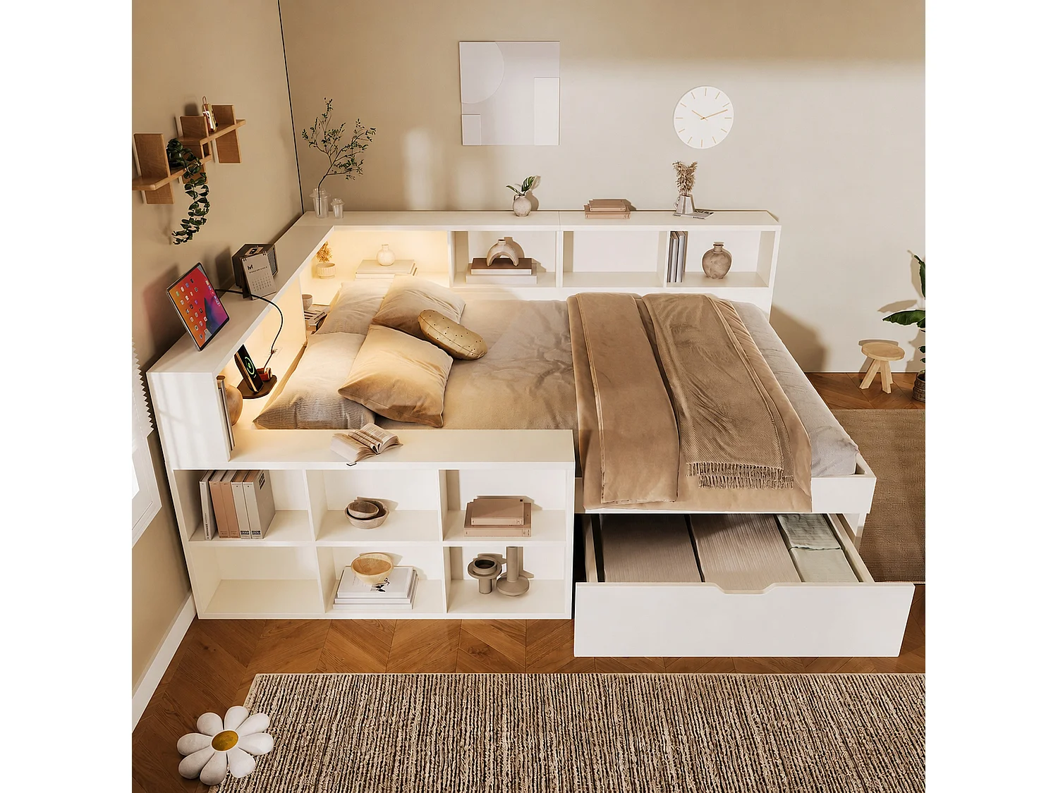 Canapé-lit 140x190cm - avec USB/Type-C - avec espace de rangement et lampe de lecture - avec tiroir et étagères ouvertes - blanc (matelas non inclus)