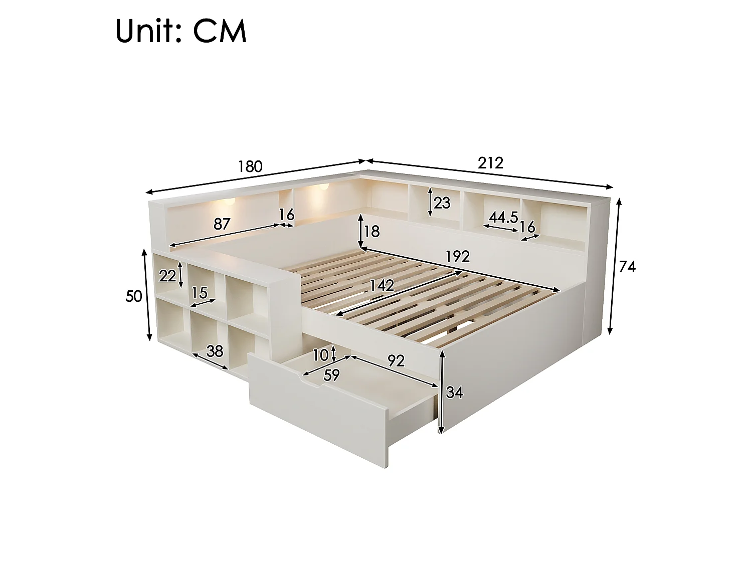 Canapé-lit 140x190cm - avec USB/Type-C - avec espace de rangement et lampe de lecture - avec tiroir et étagères ouvertes - blanc (matelas non inclus)