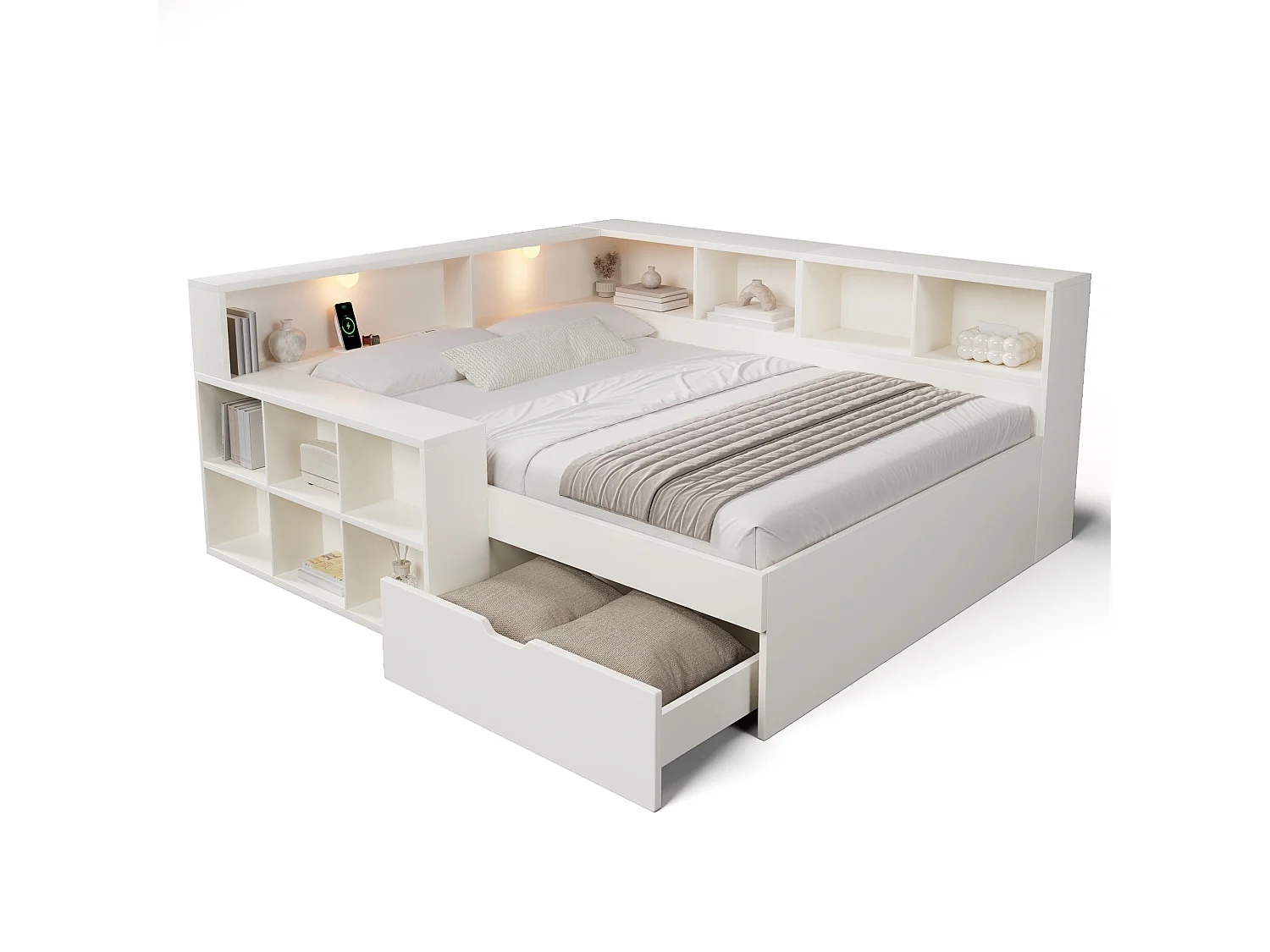 Canapé-lit 140x190cm - avec USB/Type-C - avec espace de rangement et lampe de lecture - avec tiroir et étagères ouvertes - blanc (matelas non inclus)