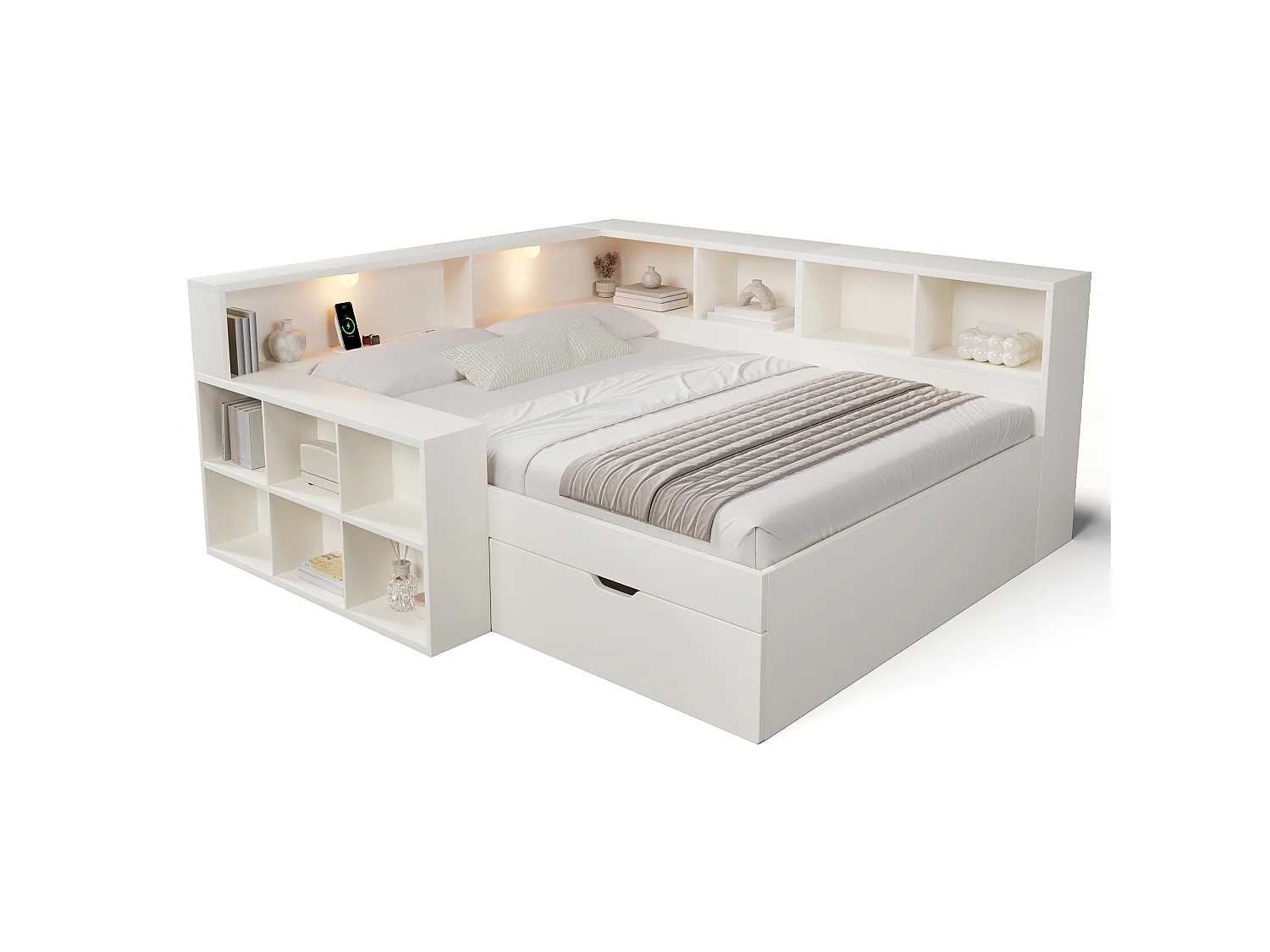 Canapé-lit 140x190cm - avec USB/Type-C - avec espace de rangement et lampe de lecture - avec tiroir et étagères ouvertes - blanc (matelas non inclus)