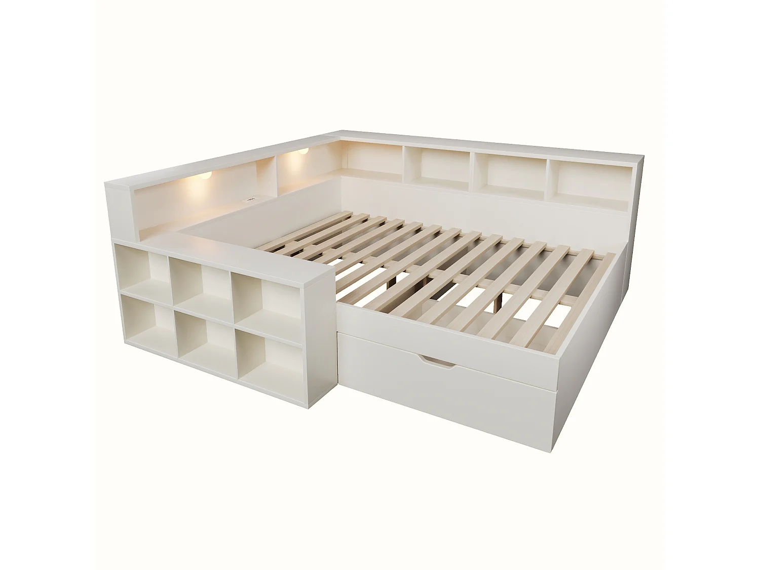 Canapé-lit 140x190cm - avec USB/Type-C - avec espace de rangement et lampe de lecture - avec tiroir et étagères ouvertes - blanc (matelas non inclus)