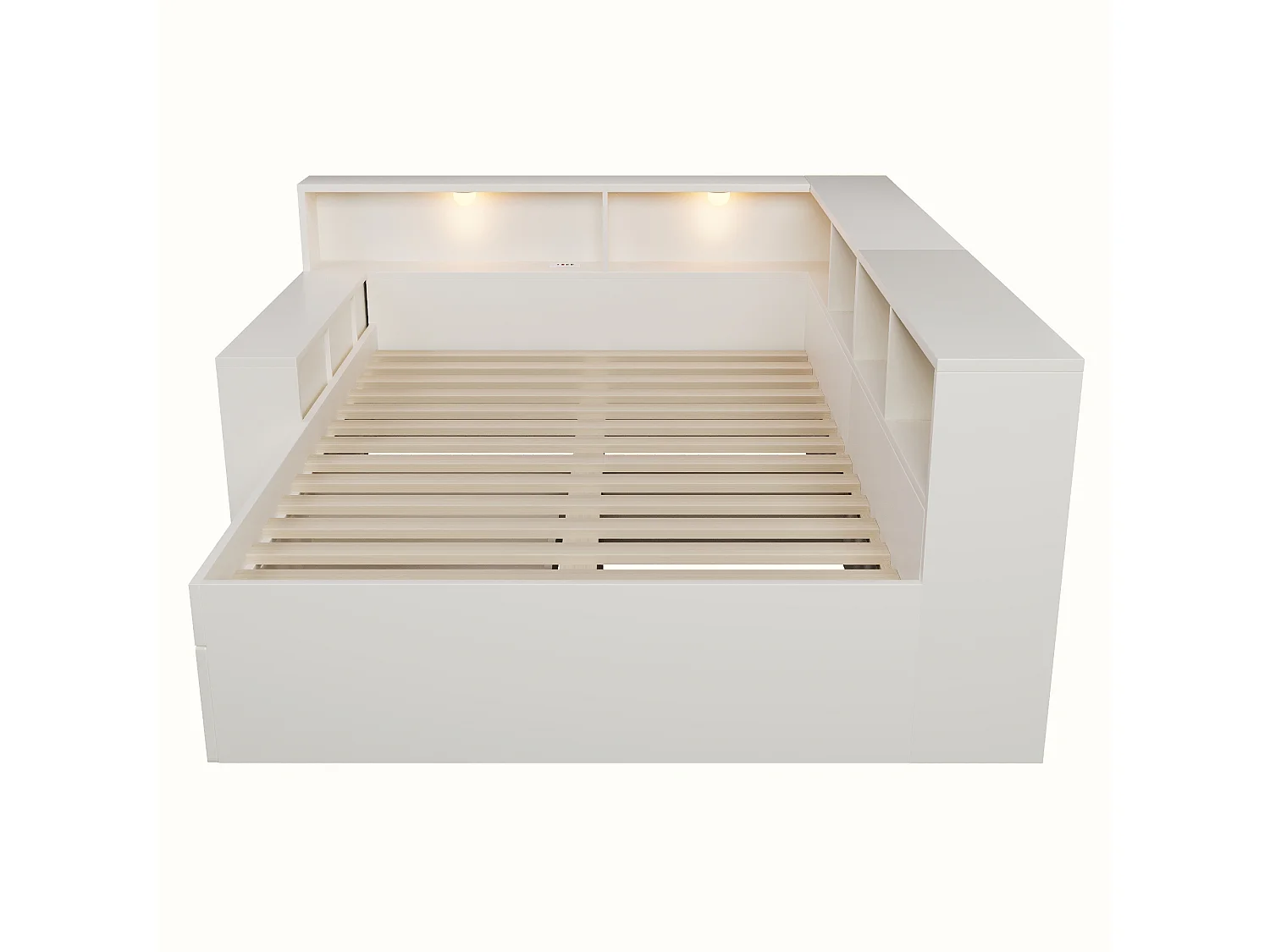 Canapé-lit 140x190cm - avec USB/Type-C - avec espace de rangement et lampe de lecture - avec tiroir et étagères ouvertes - blanc (matelas non inclus)