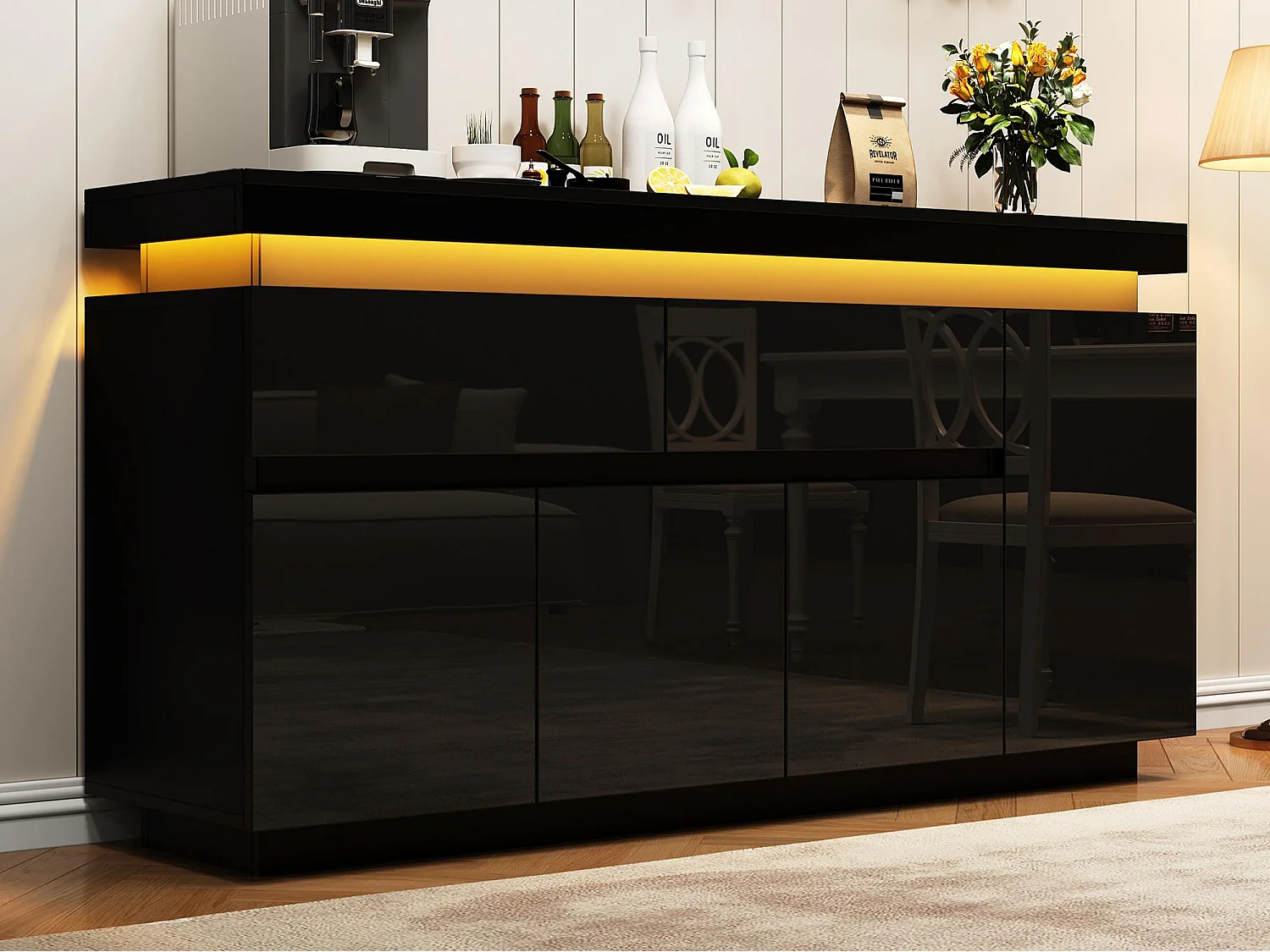 Buffet 140 x 35 x 72,5 cm - 2 tiroirs et 4 portes - éclairage LED - finition brillante - panneaux de particules - blanc