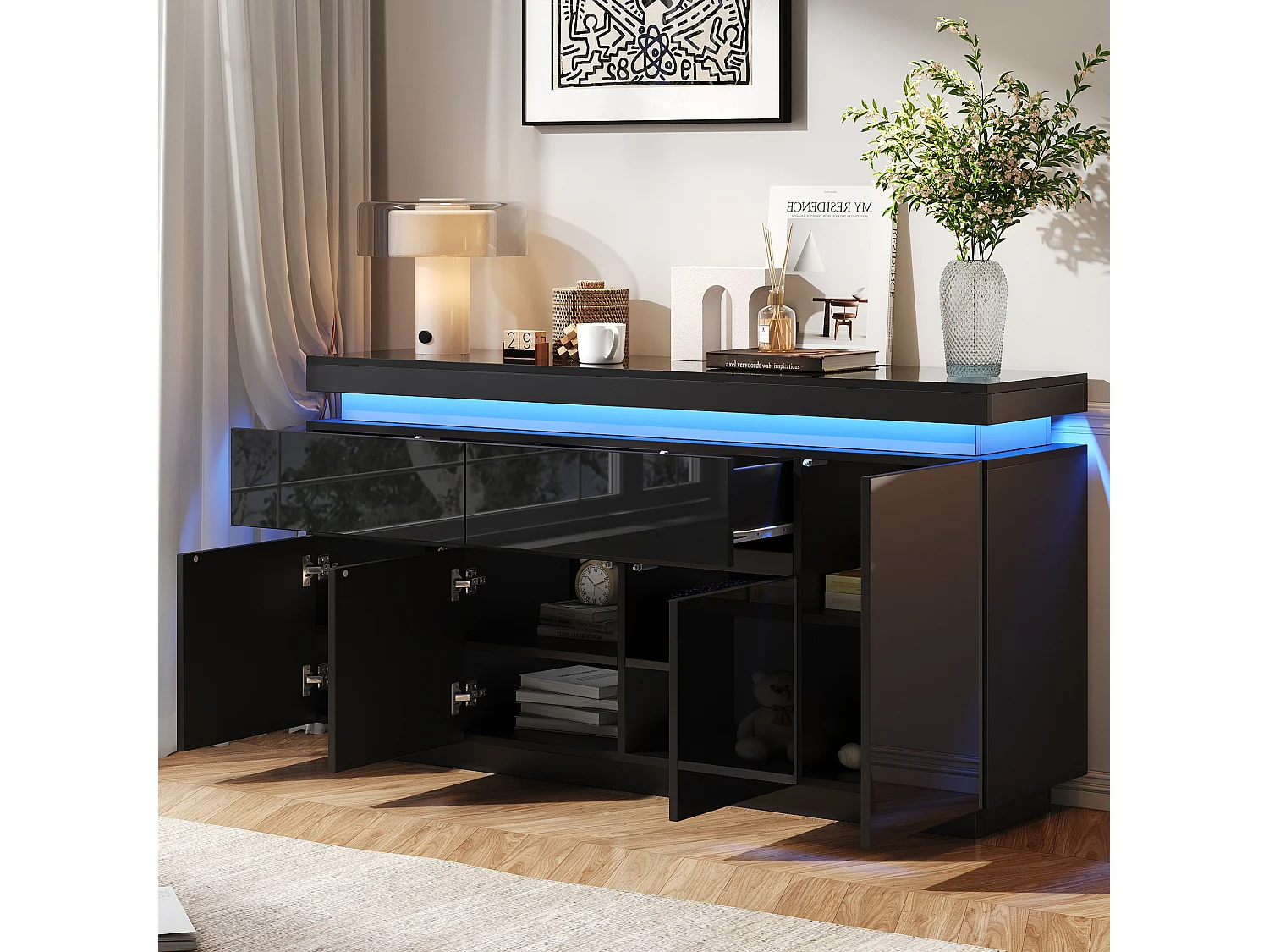 Buffet 140 x 35 x 72,5 cm - 2 tiroirs et 4 portes - éclairage LED - finition brillante - panneaux de particules - blanc