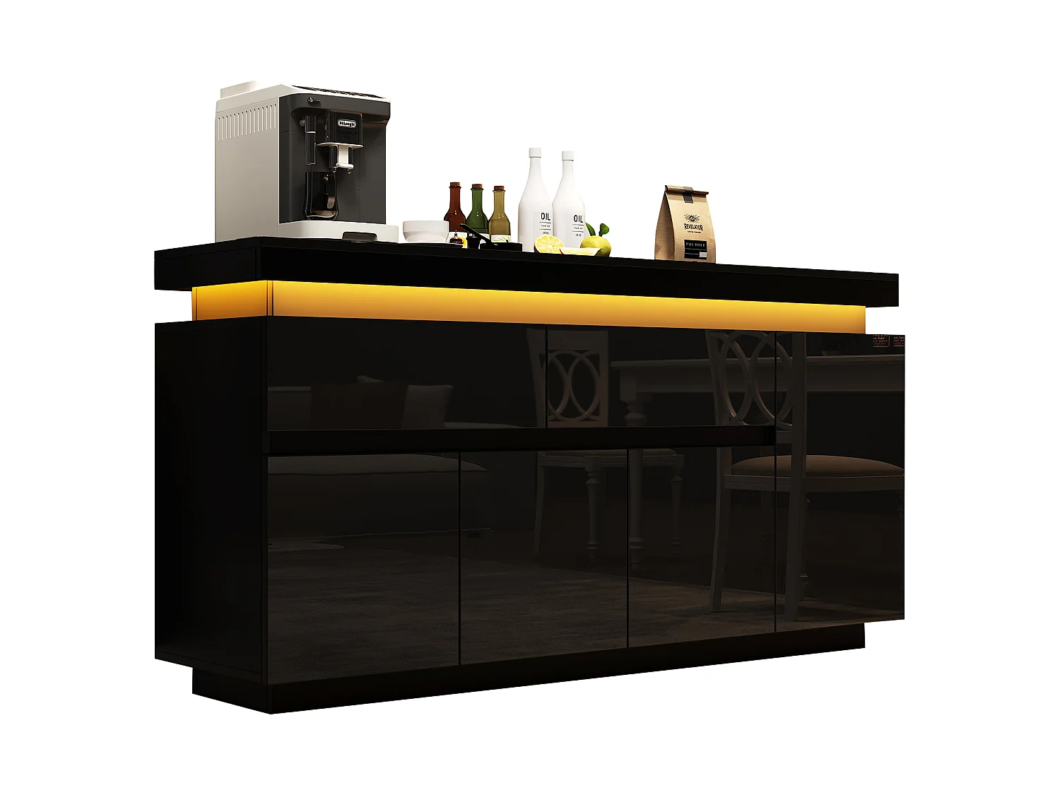 Buffet 140 x 35 x 72,5 cm - 2 tiroirs et 4 portes - éclairage LED - finition brillante - panneaux de particules - blanc