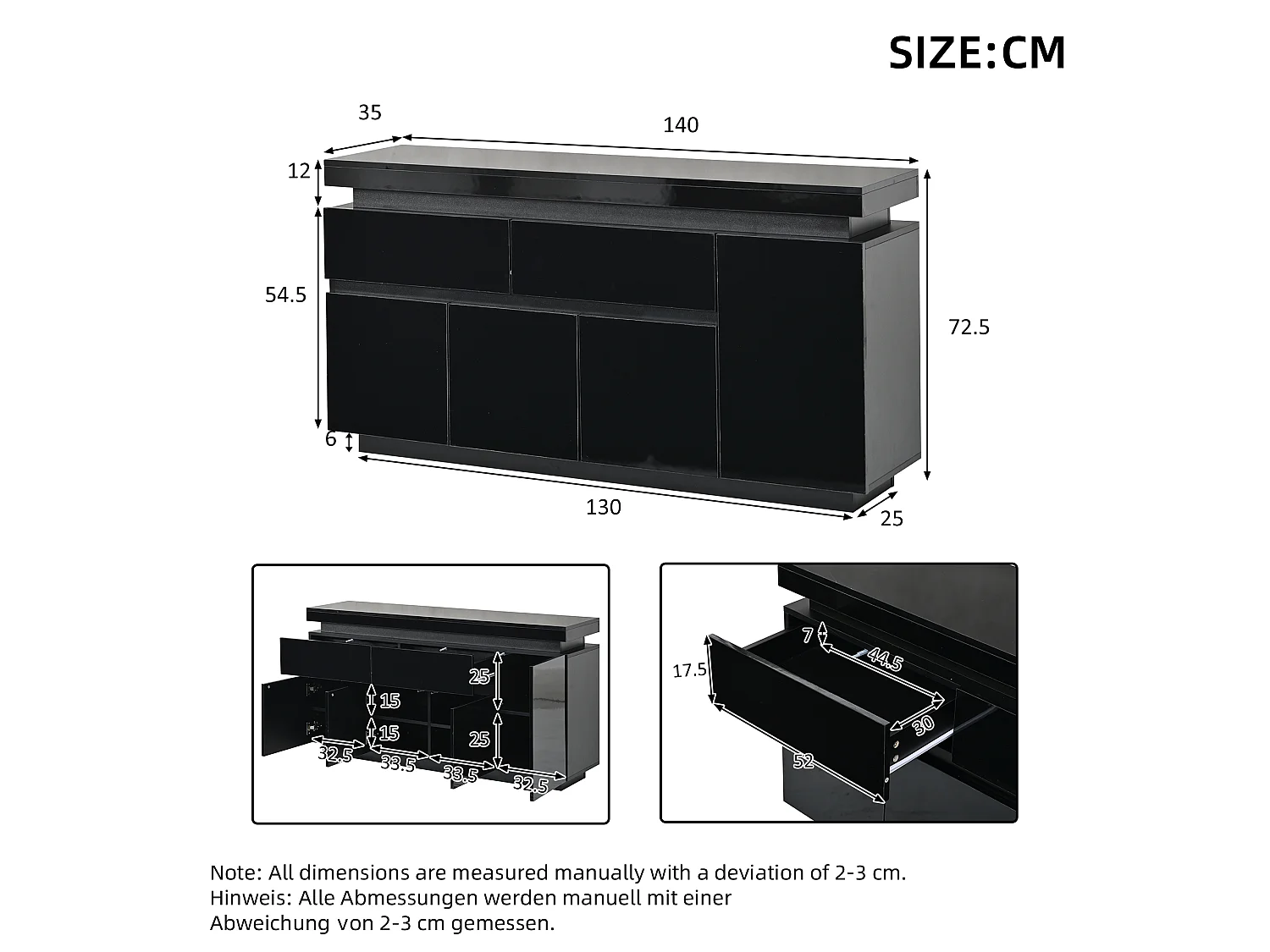 Buffet 140 x 35 x 72,5 cm - 2 tiroirs et 4 portes - éclairage LED - finition brillante - panneaux de particules - blanc
