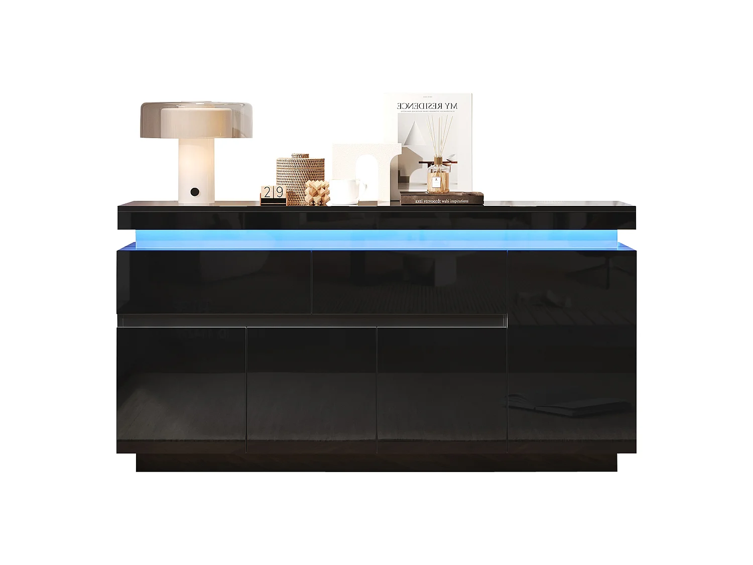 Buffet 140 x 35 x 72,5 cm - 2 tiroirs et 4 portes - éclairage LED - finition brillante - panneaux de particules - blanc