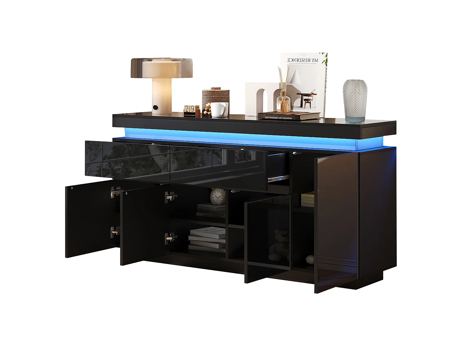 Buffet 140 x 35 x 72,5 cm - 2 tiroirs et 4 portes - éclairage LED - finition brillante - panneaux de particules - blanc