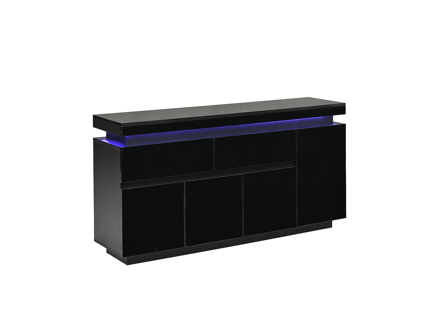 Buffet 140 x 35 x 72,5 cm - 2 tiroirs et 4 portes - éclairage LED - finition brillante - panneaux de particules - blanc