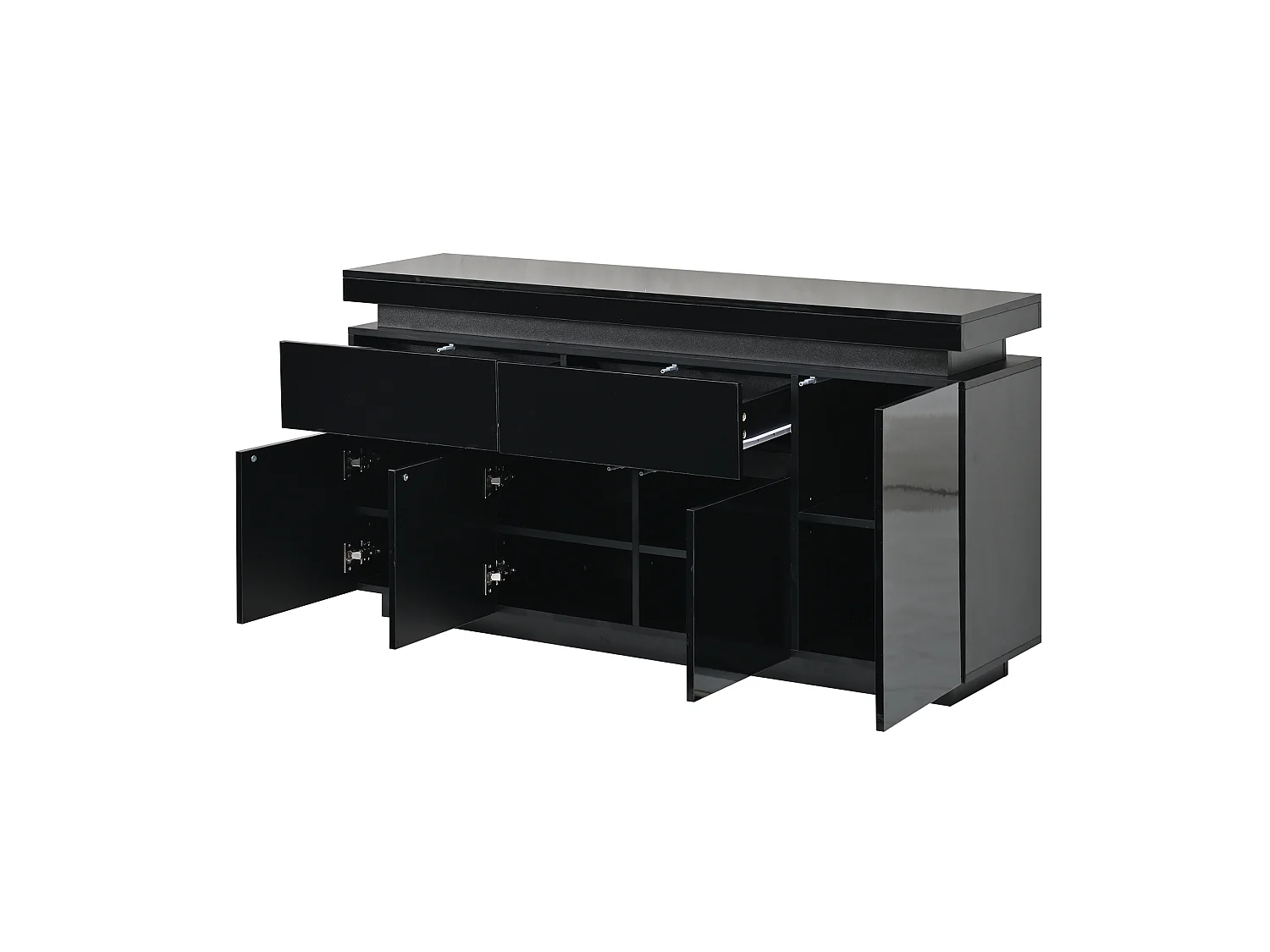 Buffet 140 x 35 x 72,5 cm - 2 tiroirs et 4 portes - éclairage LED - finition brillante - panneaux de particules - blanc