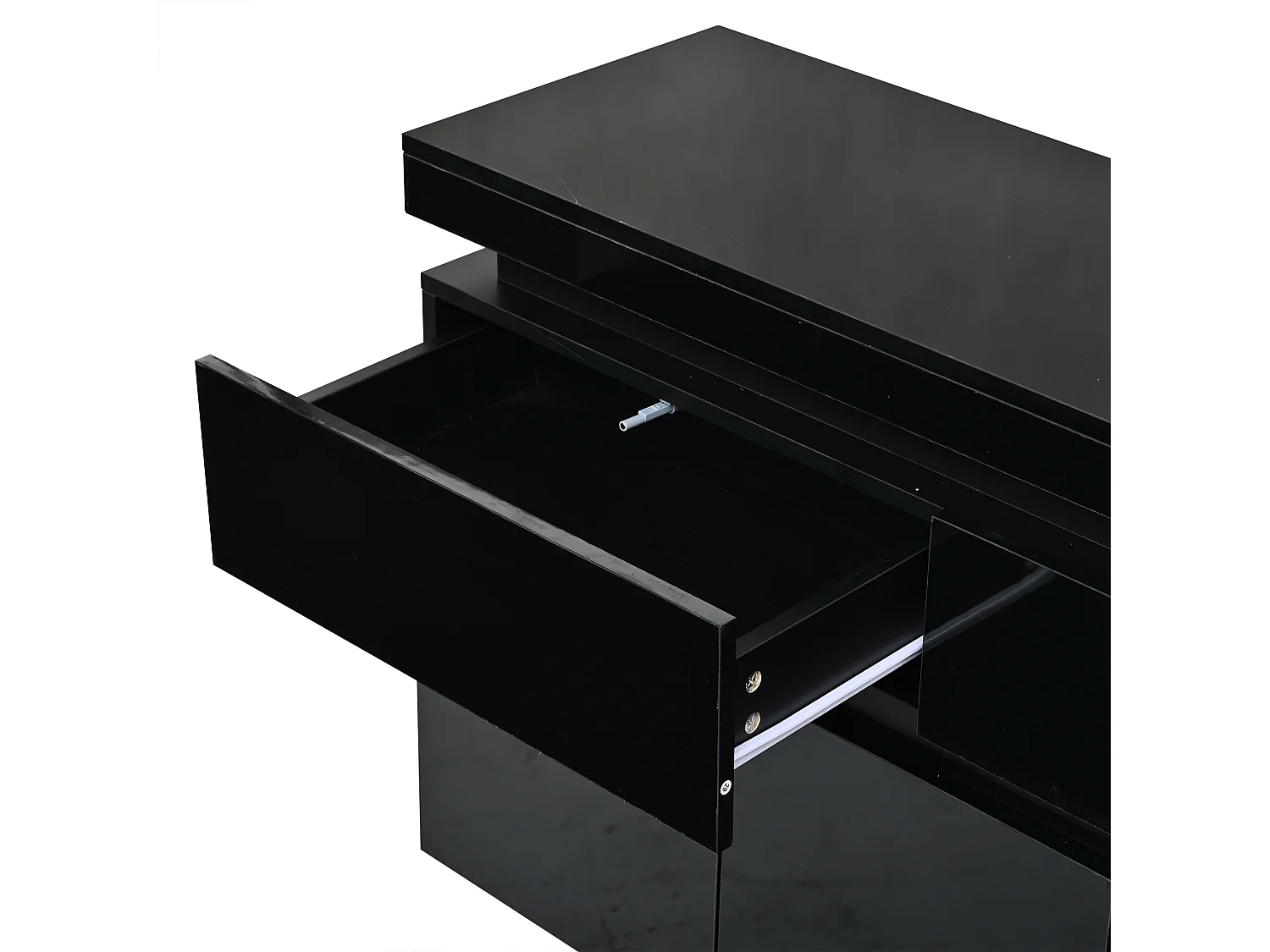 Buffet 140 x 35 x 72,5 cm - 2 tiroirs et 4 portes - éclairage LED - finition brillante - panneaux de particules - blanc
