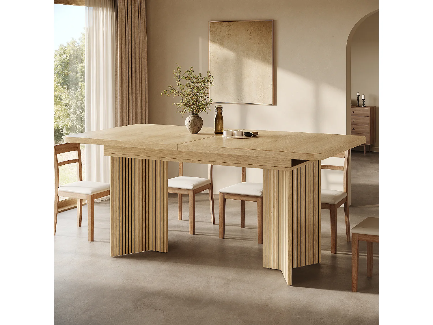 Table à Manger Rectangulaire Extensible 120-160cm - Table Gain de Place avec Pieds en V Cannelés, Style Moderne - Chêne Clair / Noyer
