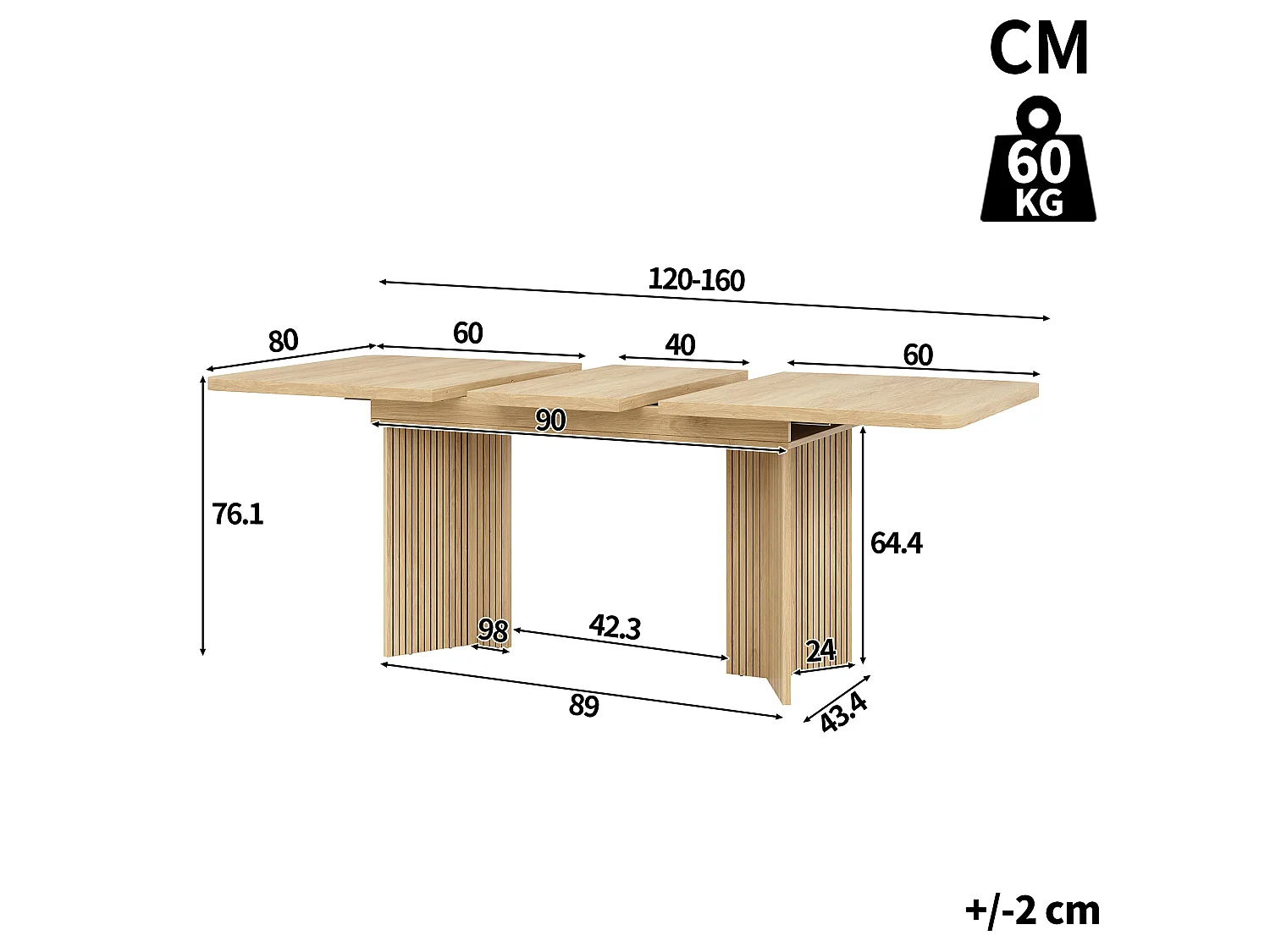 Table à Manger Rectangulaire Extensible 120-160cm - Table Gain de Place avec Pieds en V Cannelés, Style Moderne - Chêne Clair / Noyer