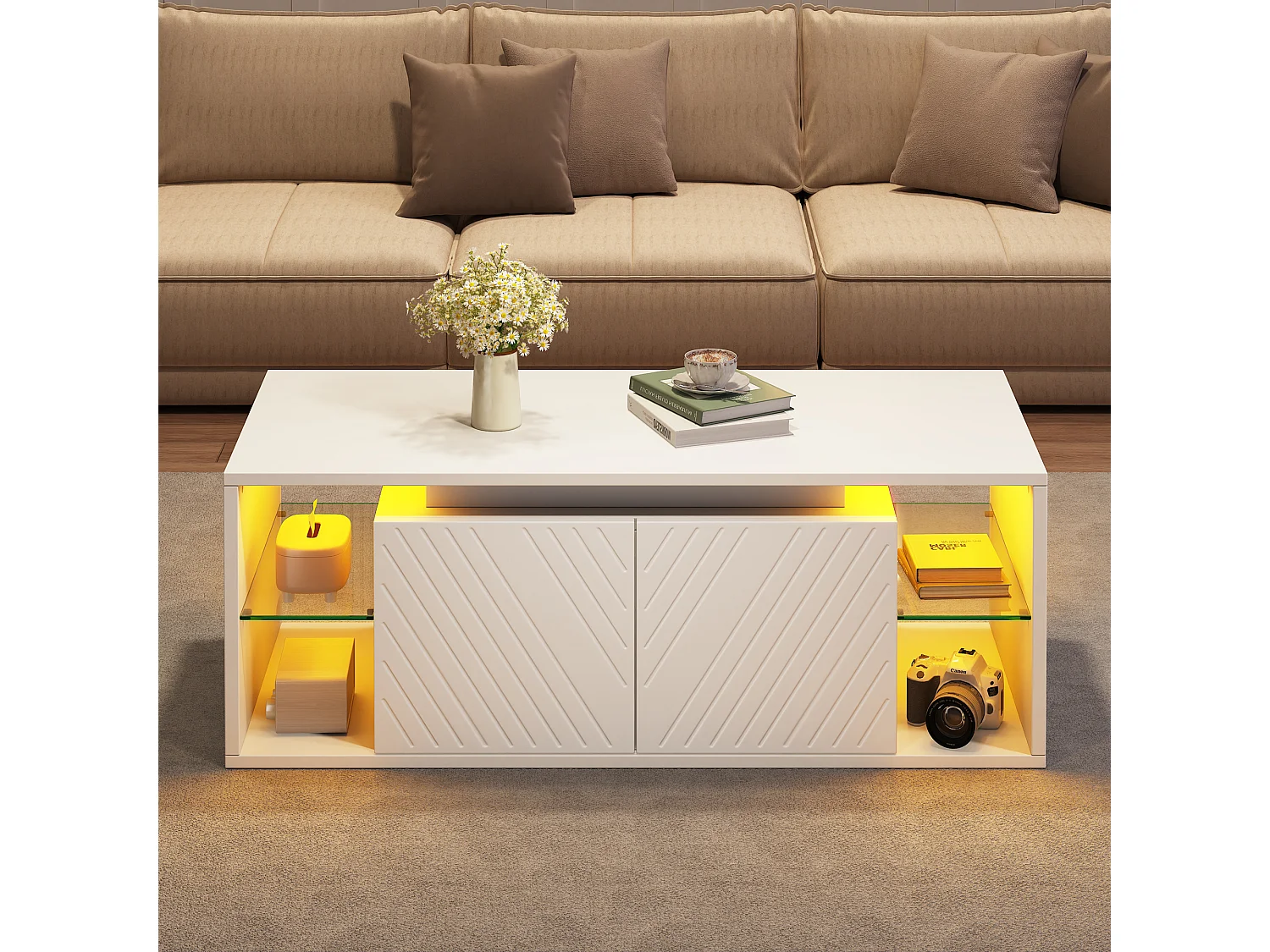 Table basse moderne 100x50x41 cm - avec éclairage LED - 2 portes et étagères semi-ouvertes - panneaux de particules - blanc