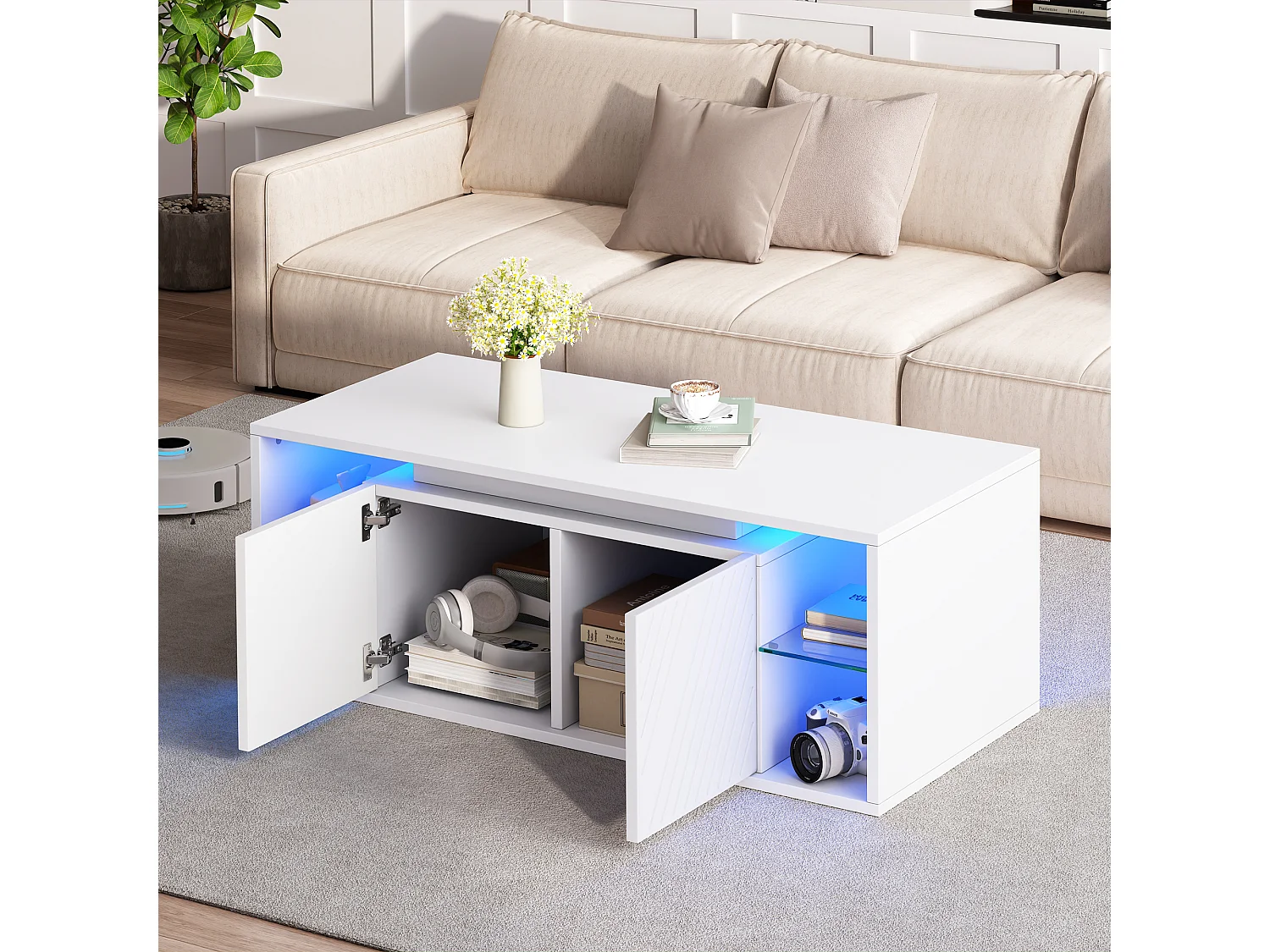 Table basse moderne 100x50x41 cm - avec éclairage LED - 2 portes et étagères semi-ouvertes - panneaux de particules - blanc