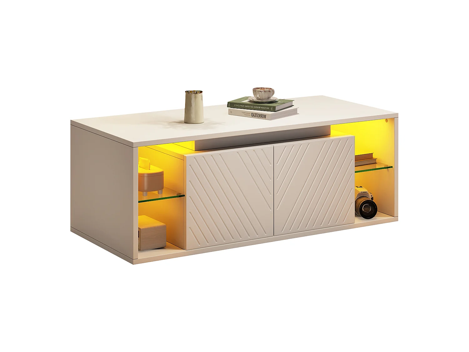 Table basse moderne 100x50x41 cm - avec éclairage LED - 2 portes et étagères semi-ouvertes - panneaux de particules - blanc
