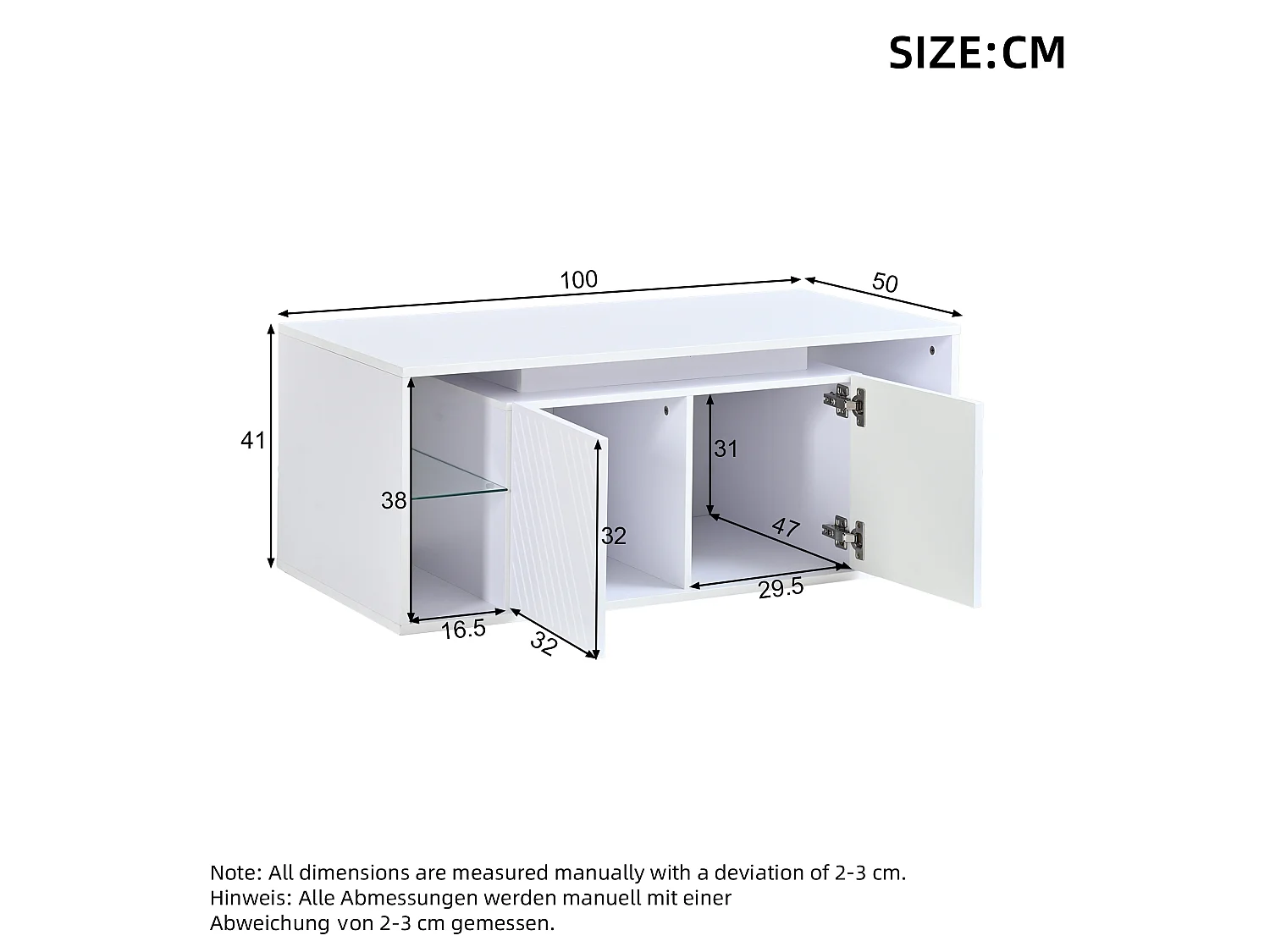 Table basse moderne 100x50x41 cm - avec éclairage LED - 2 portes et étagères semi-ouvertes - panneaux de particules - blanc