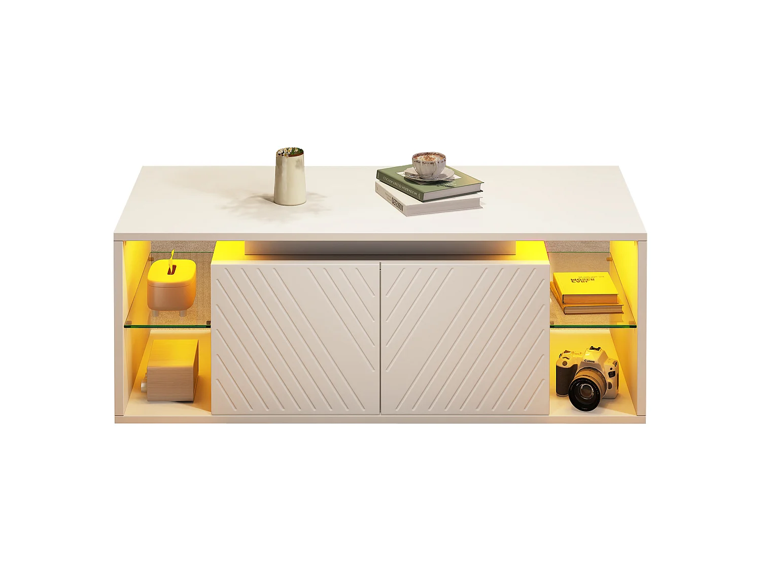 Table basse moderne 100x50x41 cm - avec éclairage LED - 2 portes et étagères semi-ouvertes - panneaux de particules - blanc