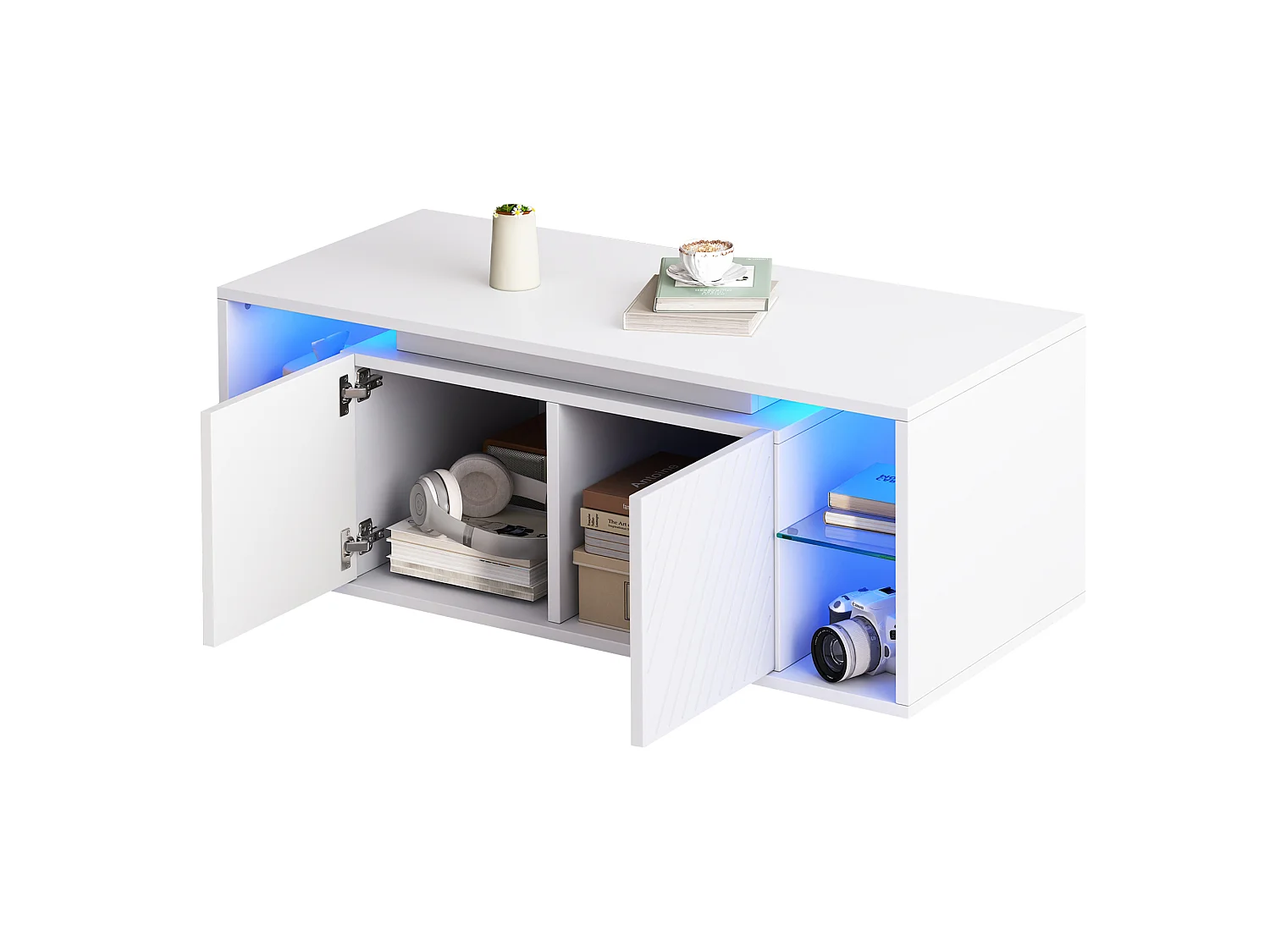 Table basse moderne 100x50x41 cm - avec éclairage LED - 2 portes et étagères semi-ouvertes - panneaux de particules - blanc