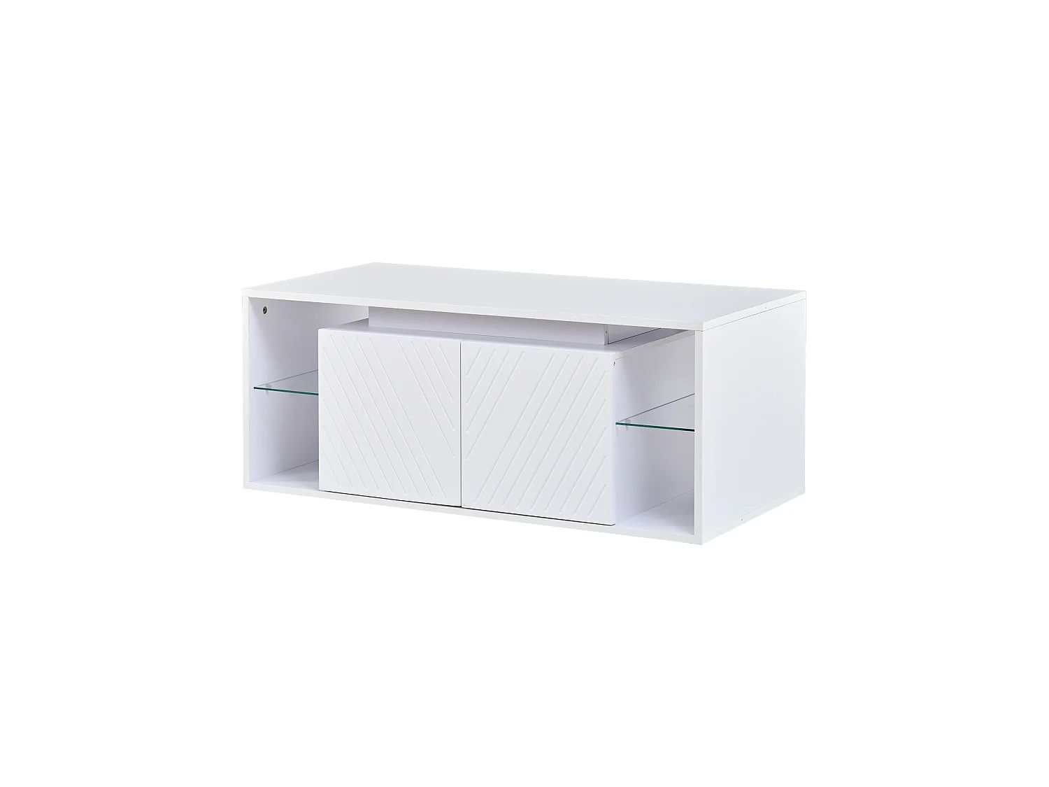 Table basse moderne 100x50x41 cm - avec éclairage LED - 2 portes et étagères semi-ouvertes - panneaux de particules - blanc