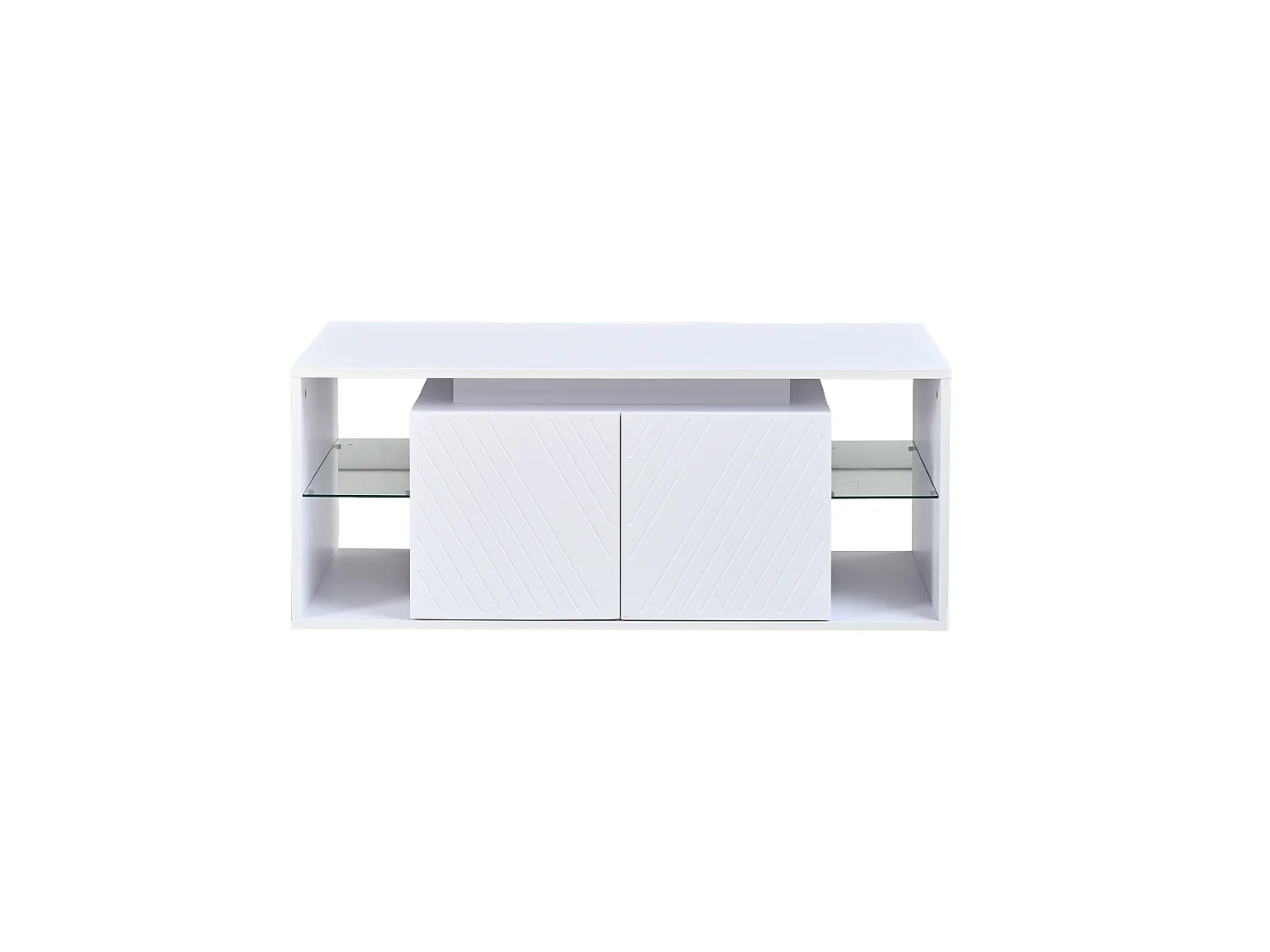 Table basse moderne 100x50x41 cm - avec éclairage LED - 2 portes et étagères semi-ouvertes - panneaux de particules - blanc