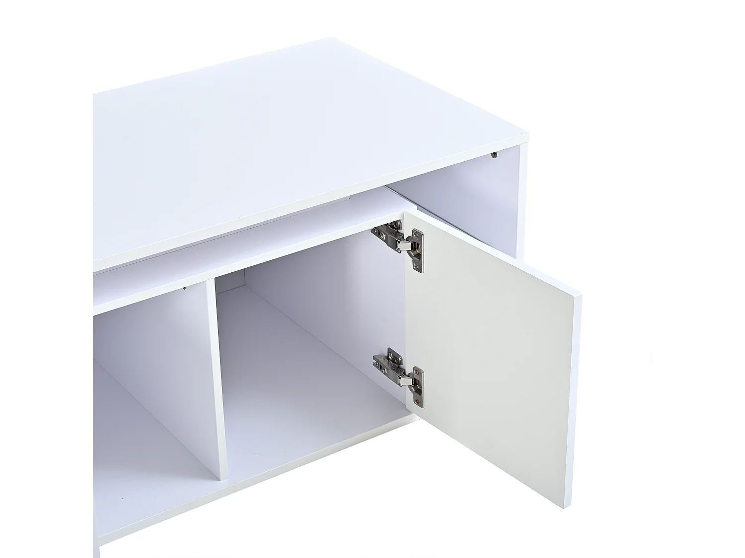 Table basse moderne 100x50x41 cm - avec éclairage LED - 2 portes et étagères semi-ouvertes - panneaux de particules - blanc