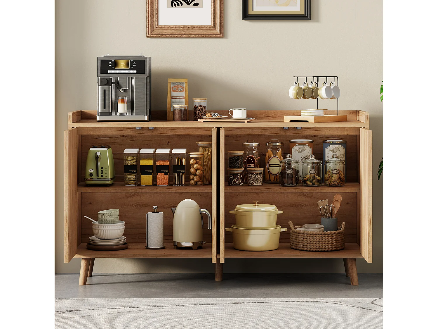 Moderner Buffetschrank 140x40x84cm - mit 4 Türen und verstellbaren Regalen - Natur
